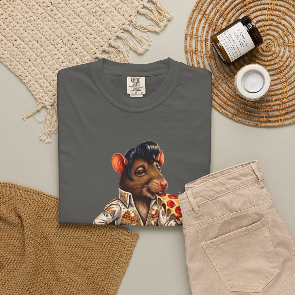 Elvis Rat Pizza T‑Shirt — Retro Rockabilly Mouse Eating Pizza Graphic Tee