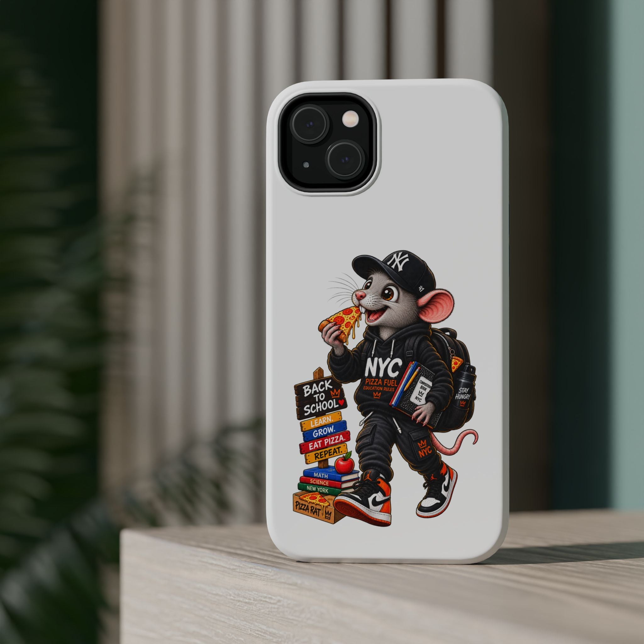 NYC Street Rat Phone Case – Magnetic Impact-Resistant iPhone Case with Back-to-School Pizza Design