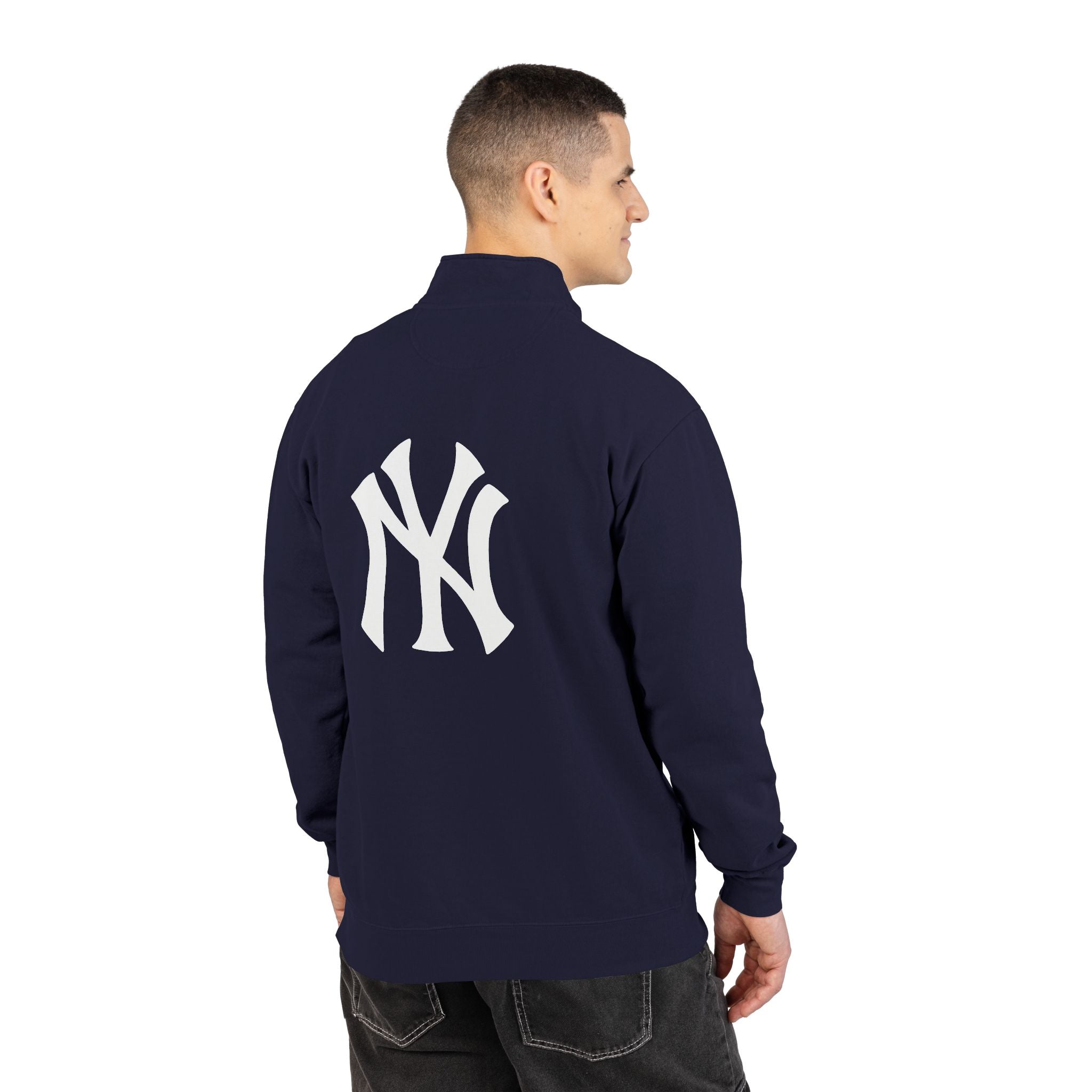 NY Yankee Quarter-Zip Sweatshirt — Small Retro Dog Portrait Chest Print
