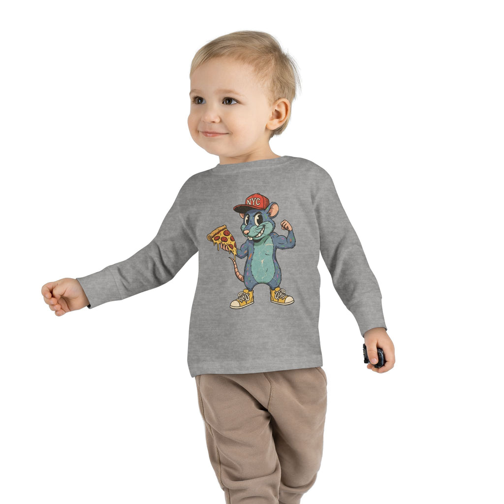 Toddler Long Sleeve Tee — Fun Pizza-Loving Cartoon Rat Graphic