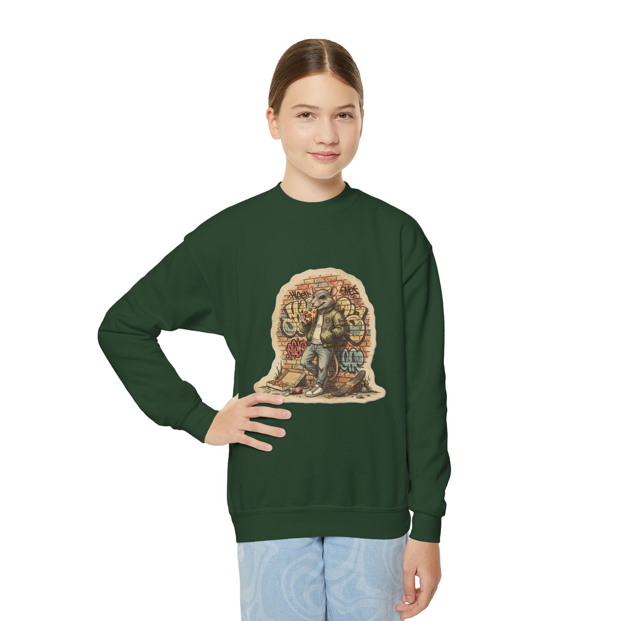 Youth Crewneck Sweatshirt — Vintage Explorer NY Rat Graphic