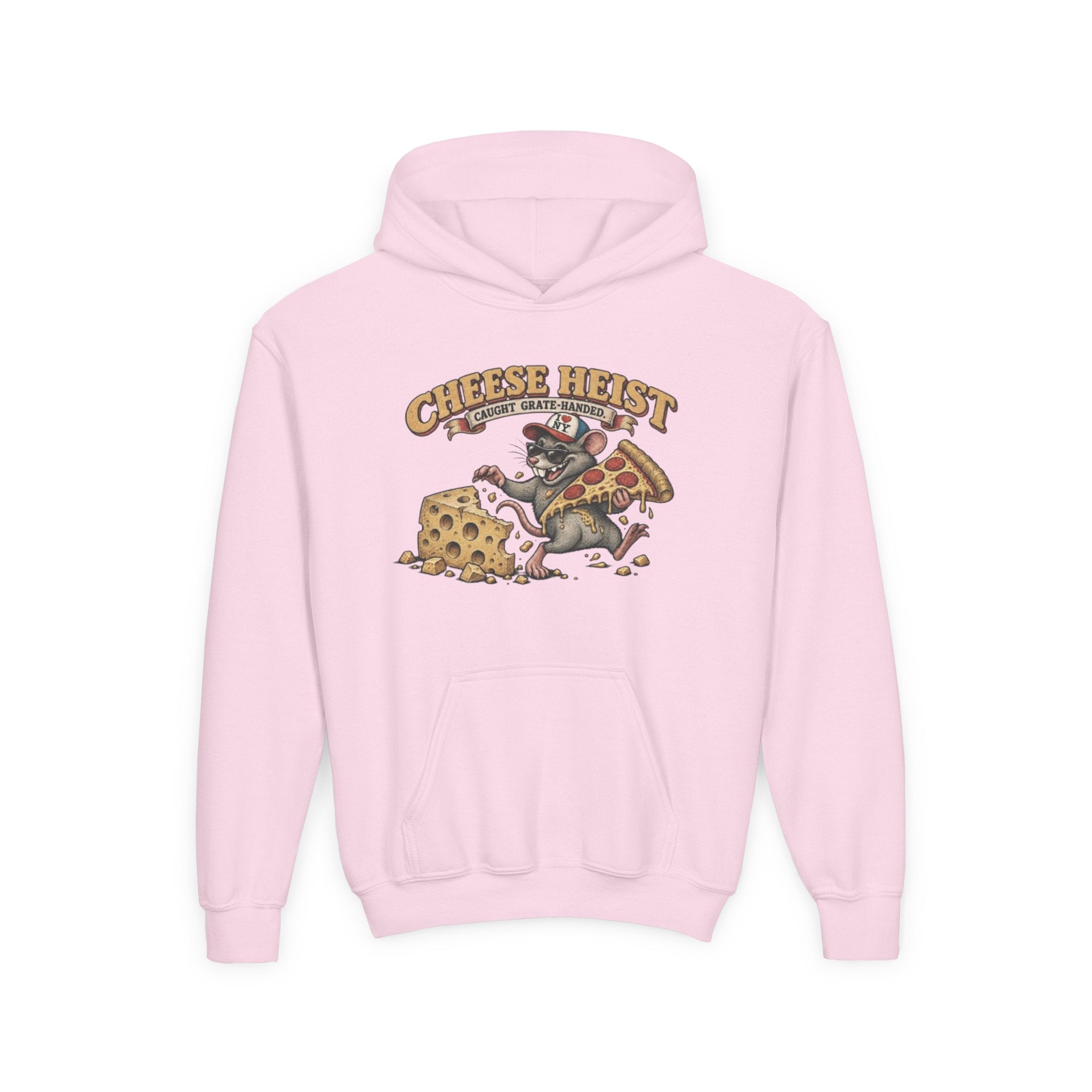 Youth Hoodie - "Cheese Heist" Cartoon Mouse & Pizza Graphic