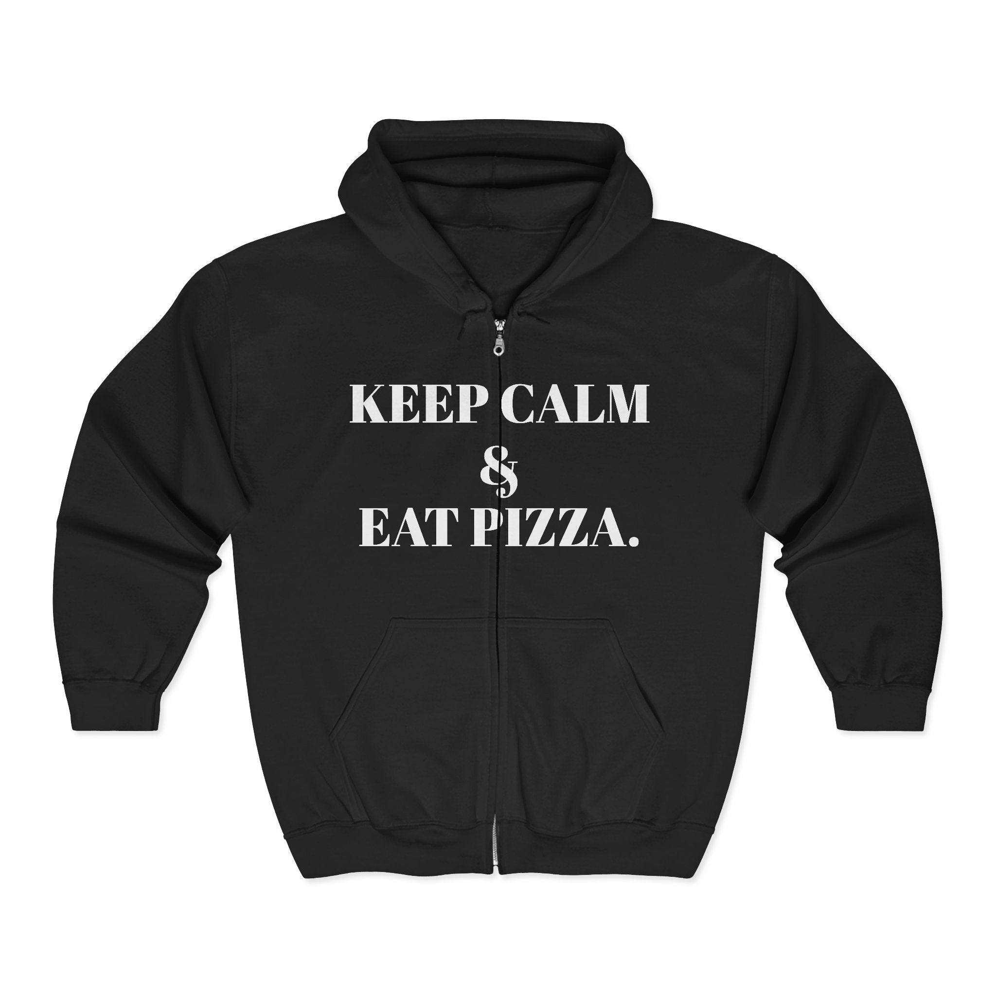 Keep Calm & Eat Pizza Zip Hoodie — Rat with Pizza Graphic Zip-Up Sweatshirt