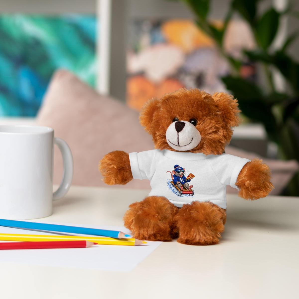 Plush Bear with Sledding Pup Tee — Cute Winter Stuffed Animal Gift - NY Pizza Rat