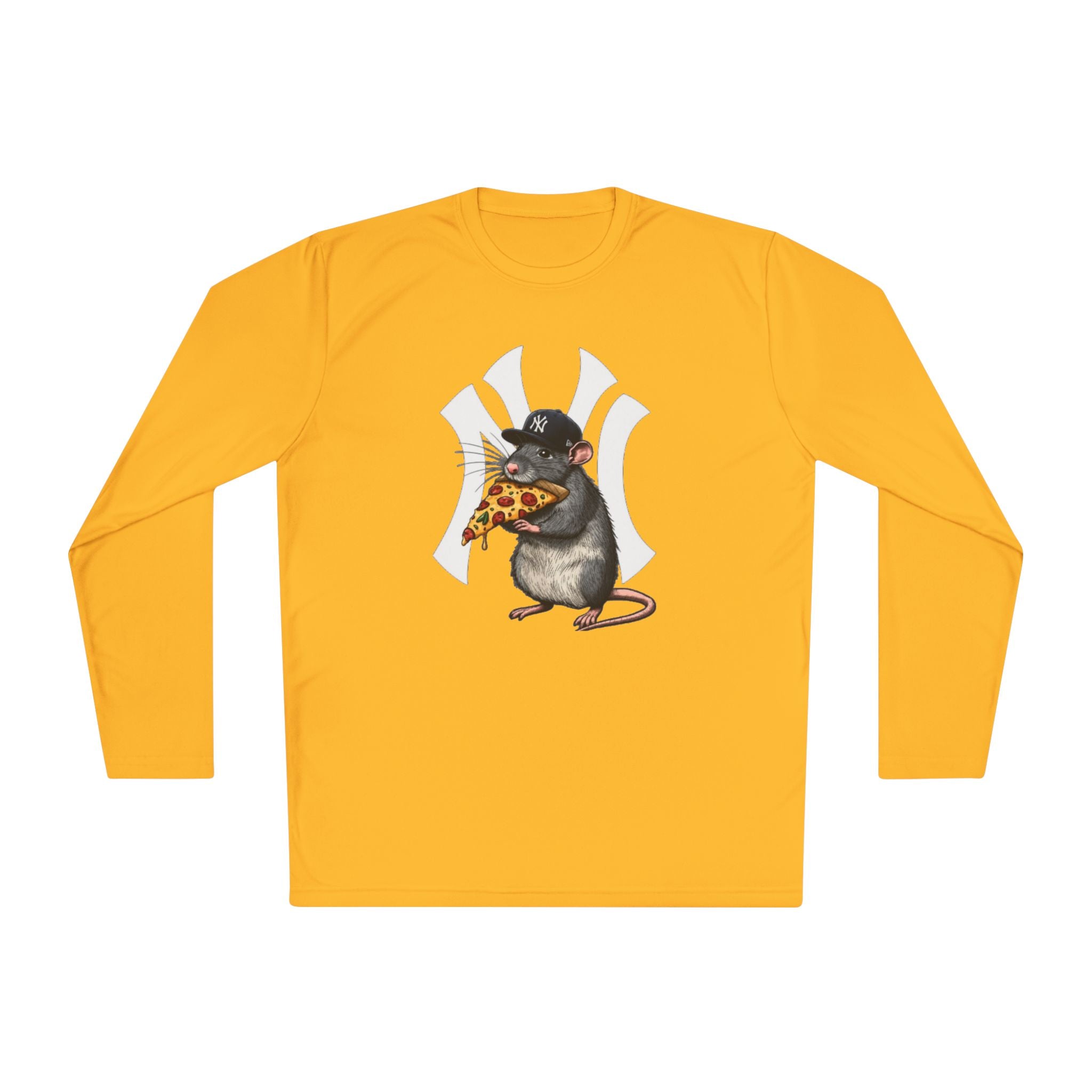 NY Yankee Rat Eating Pizza Long Sleeve Tee — Cute Baseball Logo Mashup