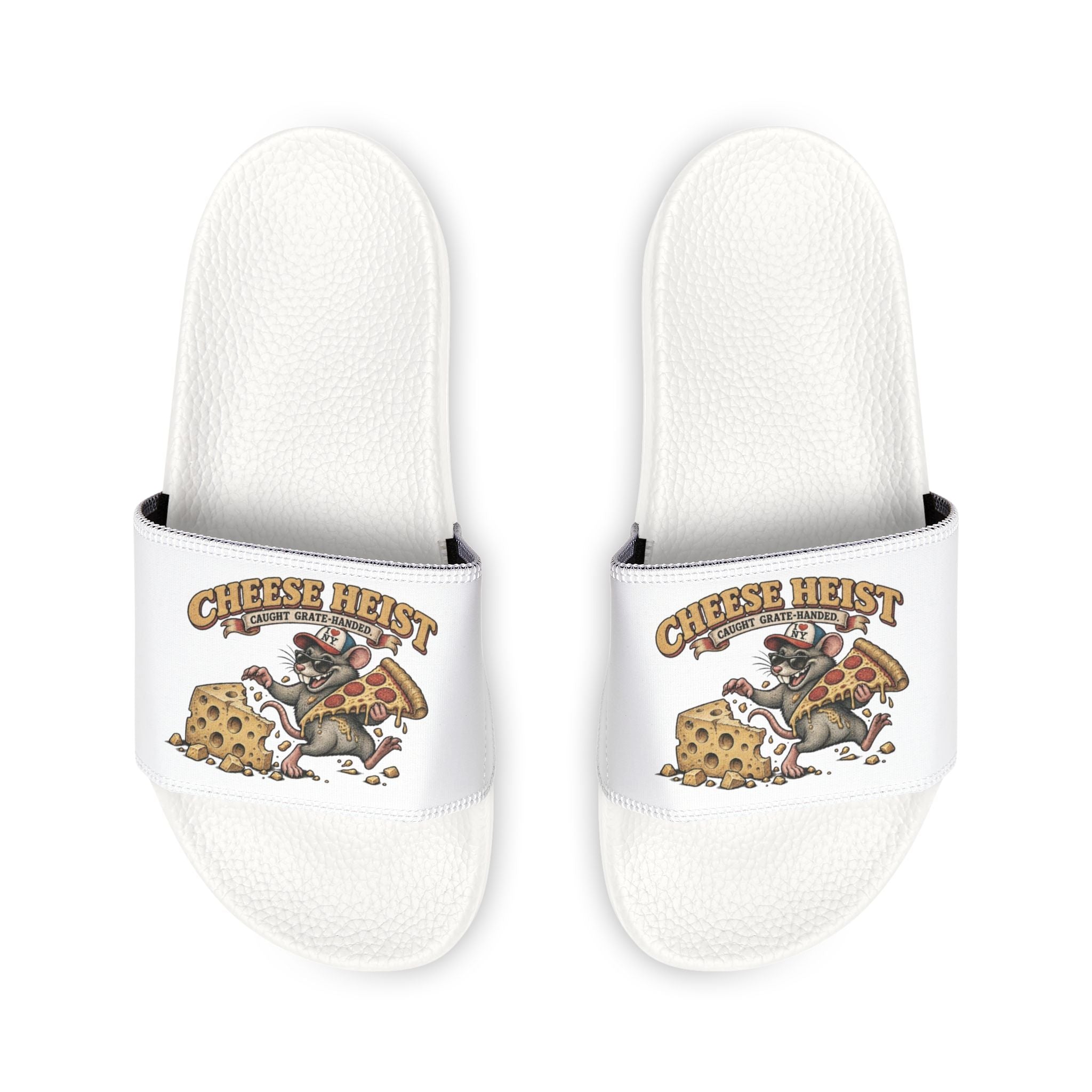 Youth Pizza Rat Slide Sandals — "Cheese First" Graphic Slides for Kids
