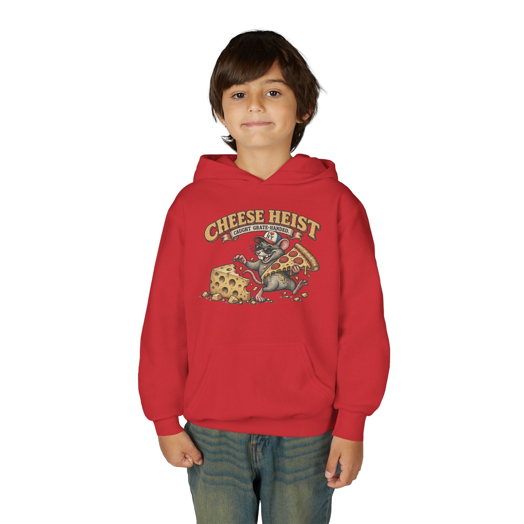 Youth Hoodie - "Cheese Heist" Cartoon Mouse & Pizza Graphic