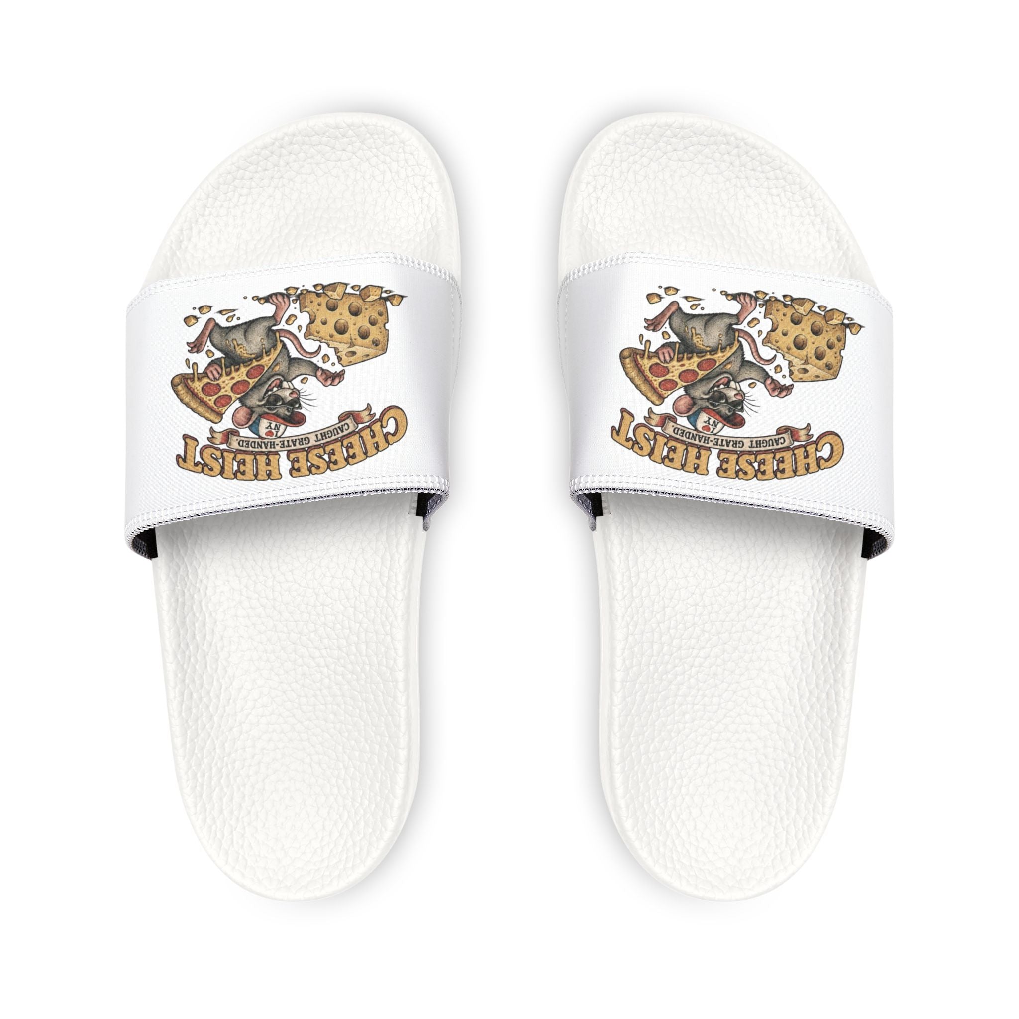 Youth Pizza Rat Slide Sandals — "Cheese First" Graphic Slides for Kids