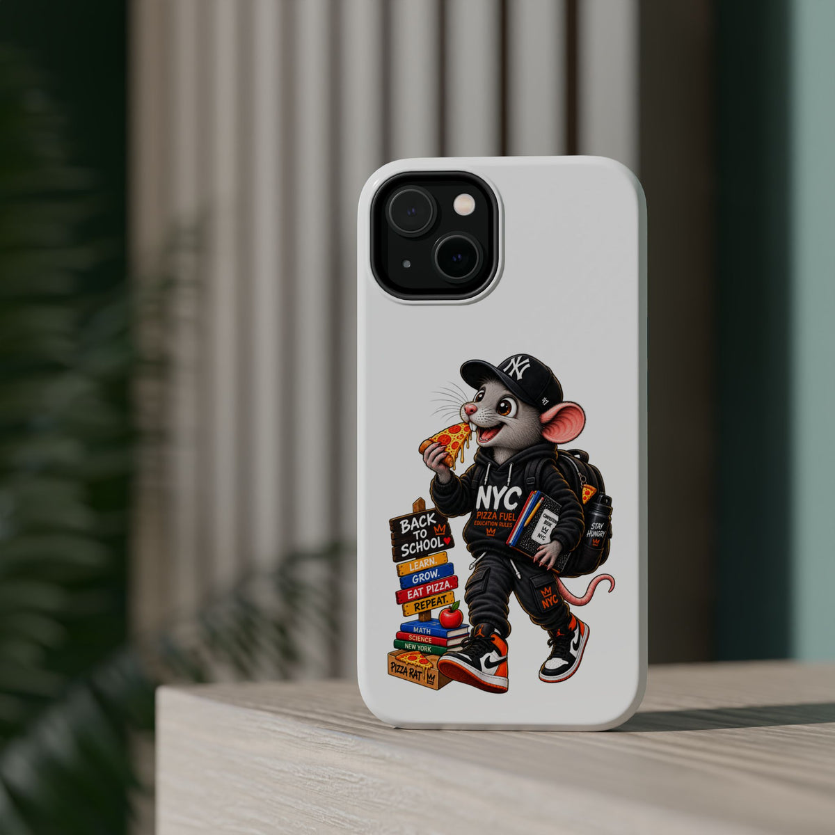 NYC Street Rat Phone Case – Magnetic Impact-Resistant iPhone Case with Back-to-School Pizza Design