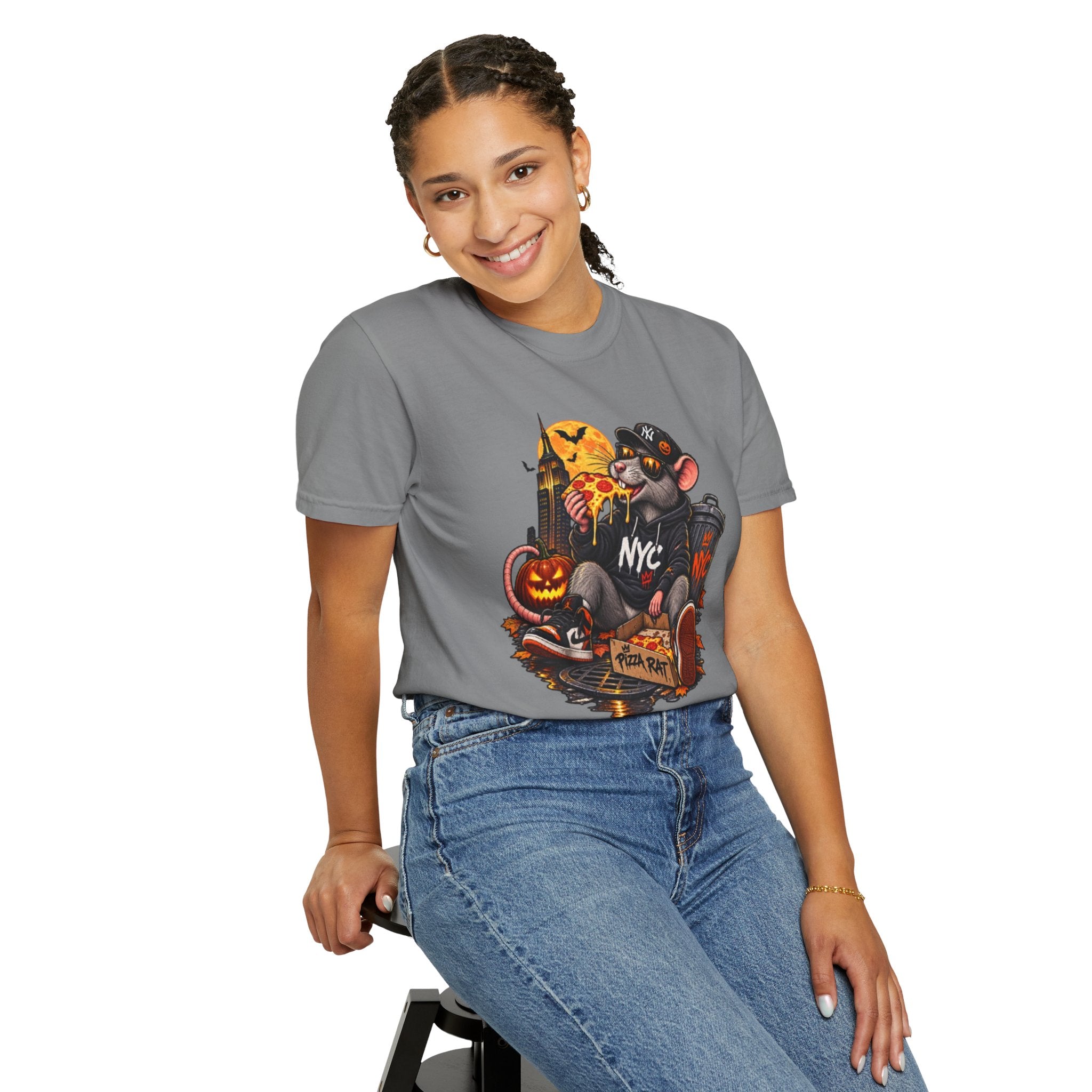 NYC Pizza Rat Halloween T-Shirt — Cute Urban Rat with Pizza & Pumpkins