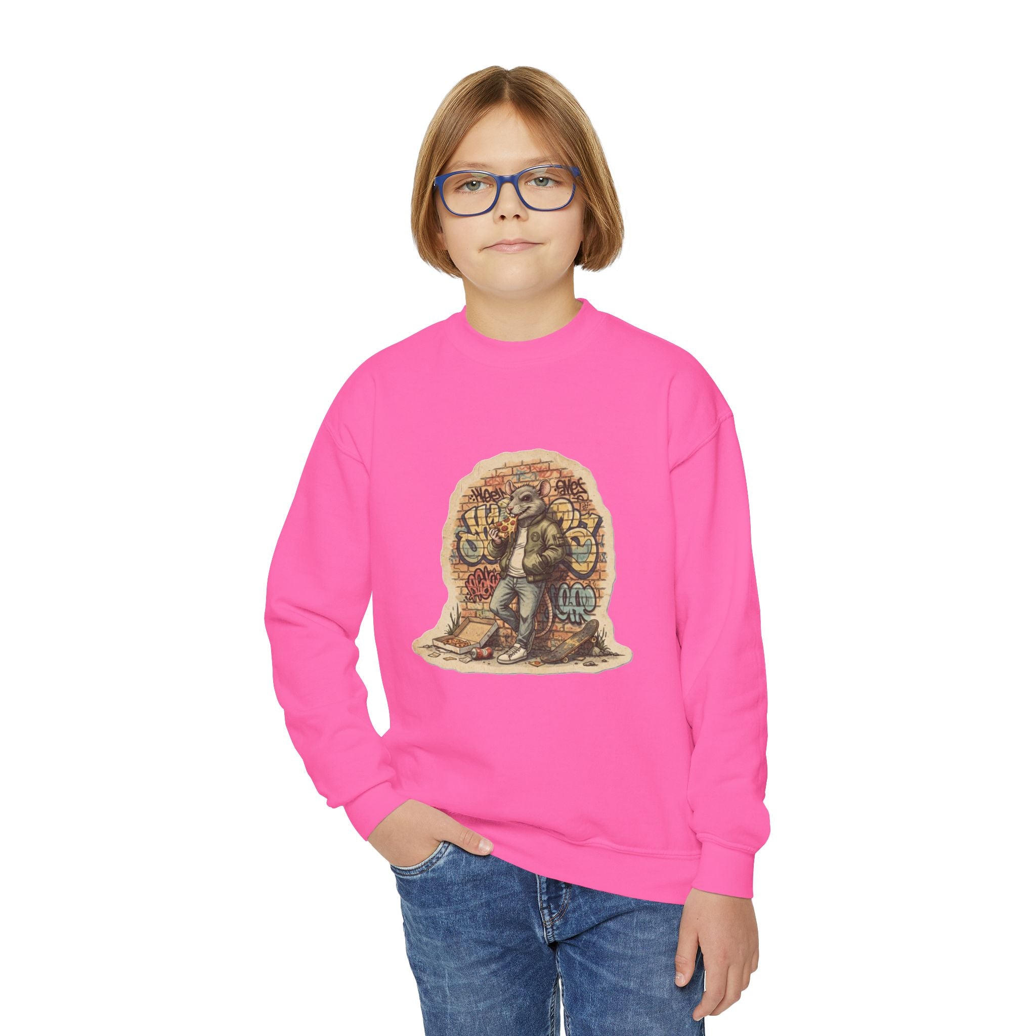 Youth Crewneck Sweatshirt — Vintage Explorer NY Rat Graphic