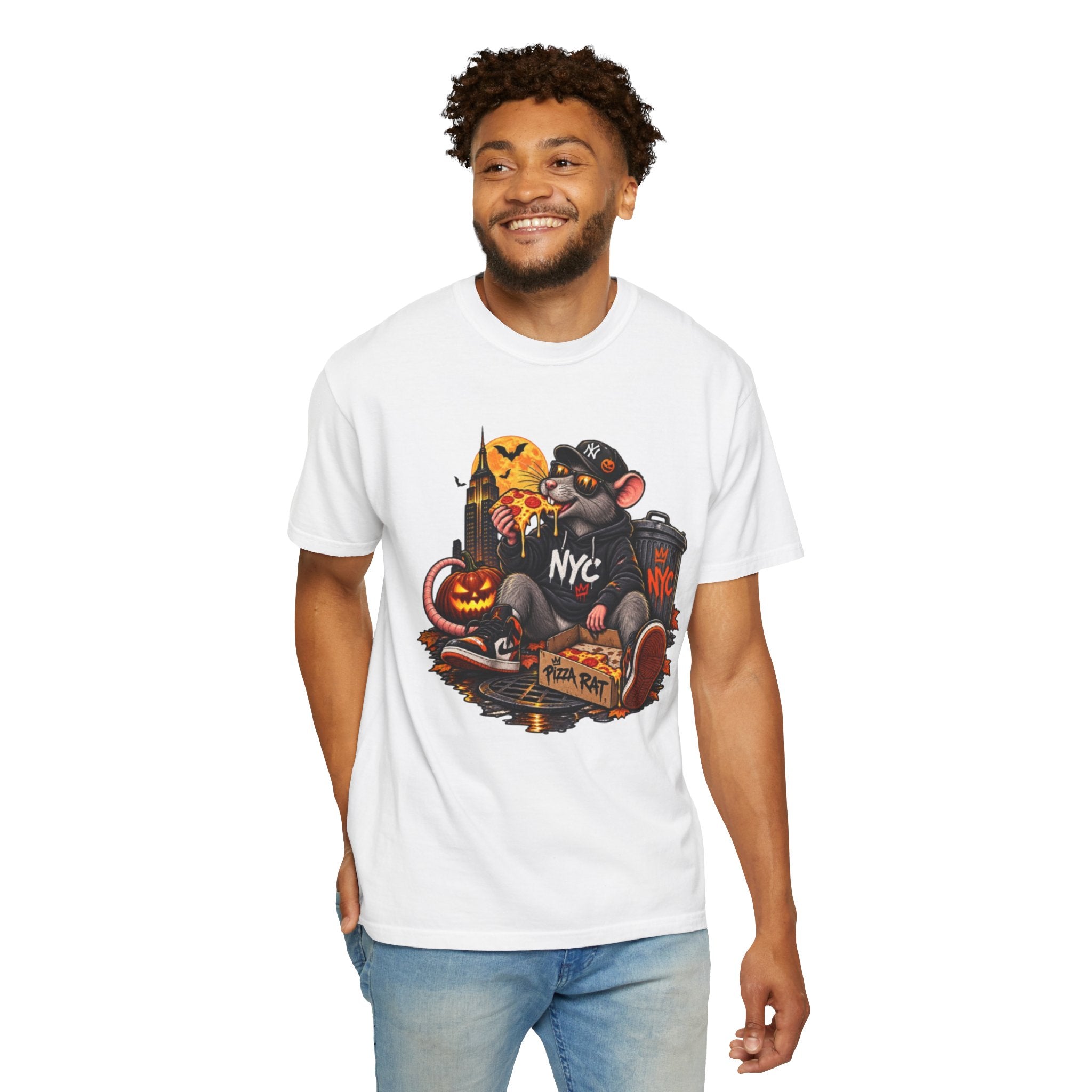 NYC Pizza Rat Halloween T-Shirt — Cute Urban Rat with Pizza & Pumpkins
