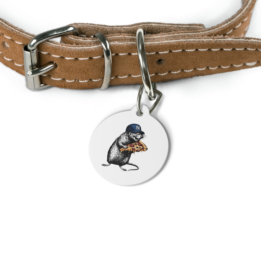 Pet Tag — 'No Sleep. No Rules. Just Pizza.' Round Pet ID Tag with Rat & Pizza Illustration