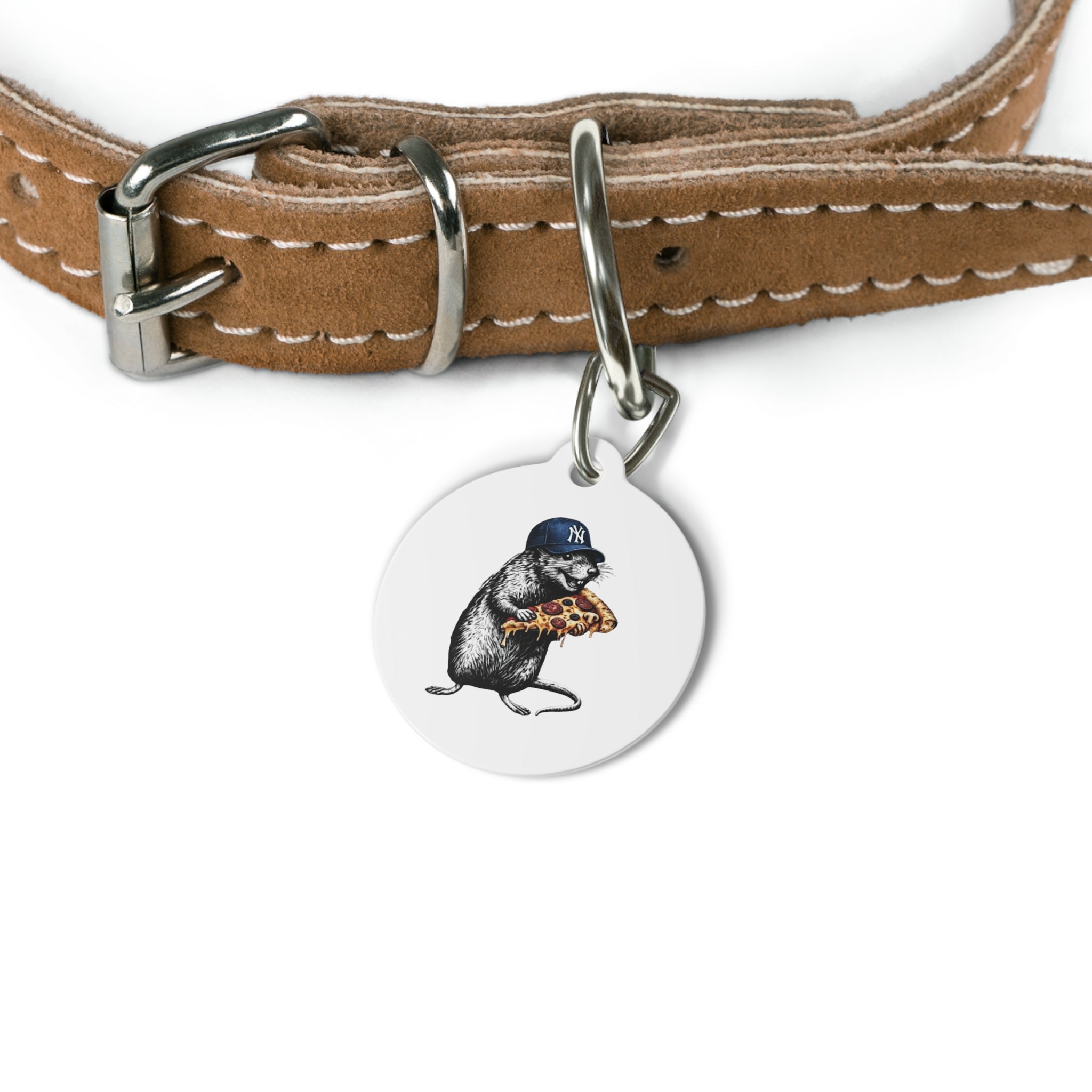 Pet Tag — 'No Sleep. No Rules. Just Pizza.' Round Pet ID Tag with Rat & Pizza Illustration
