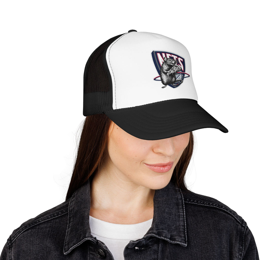 Black Trucker Hat with Retro Raccoon Patch — 'NTS' Vintage Style Foam Cap - Brooklyn Nets