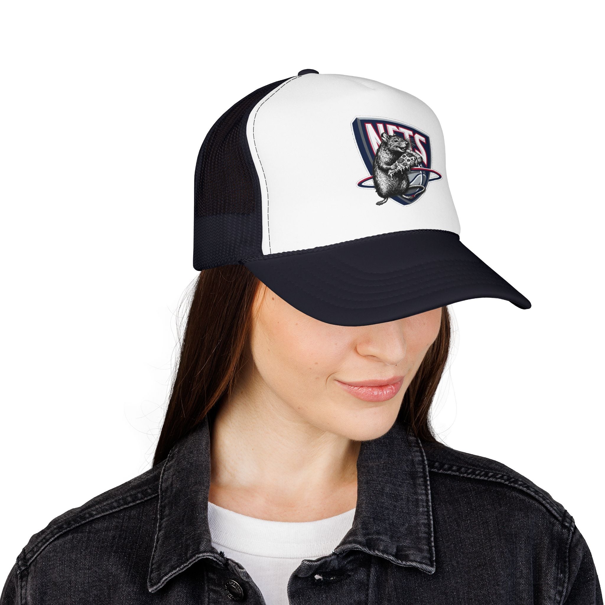 Black Trucker Hat with Retro Raccoon Patch — 'NTS' Vintage Style Foam Cap - Brooklyn Nets