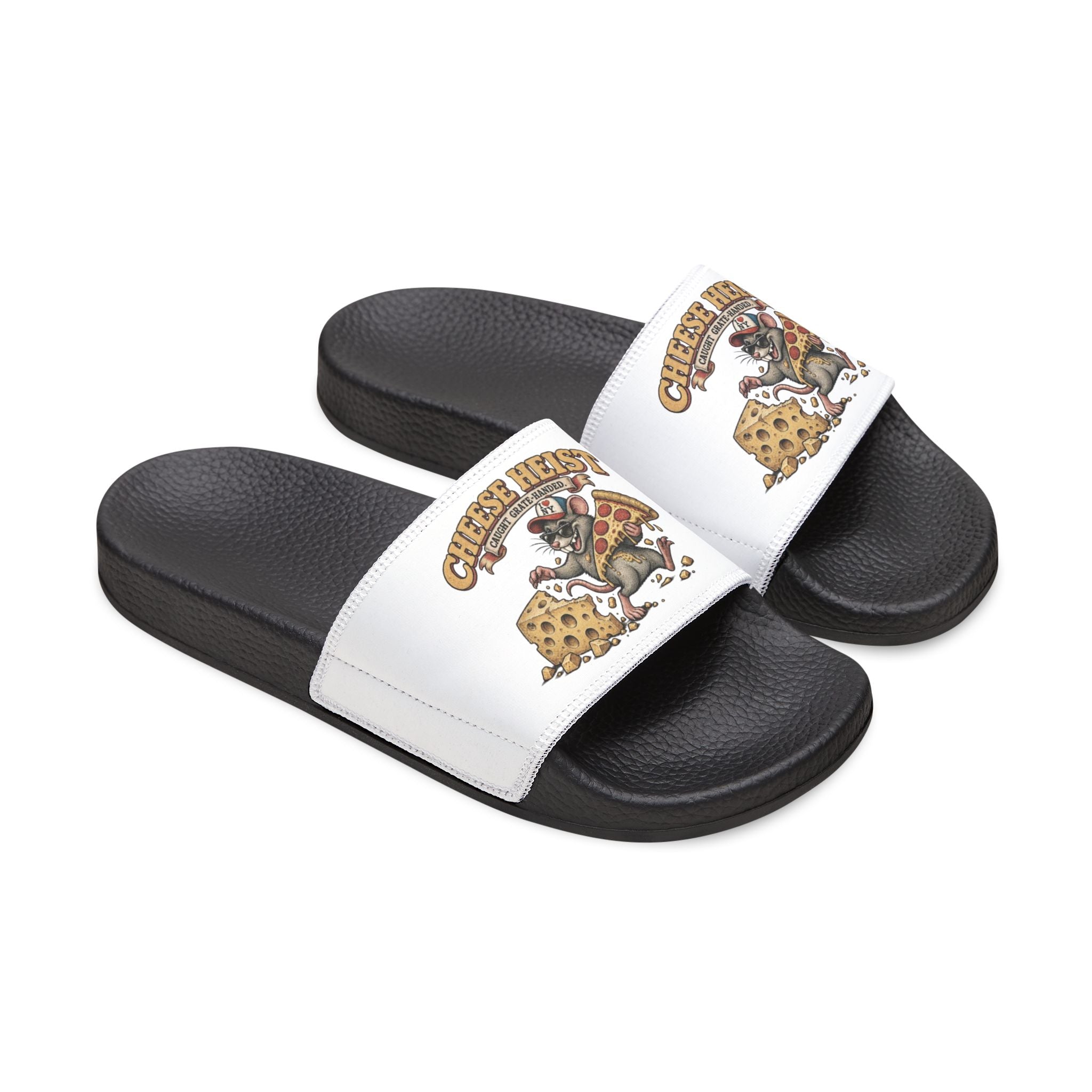 Youth Pizza Rat Slide Sandals — "Cheese First" Graphic Slides for Kids