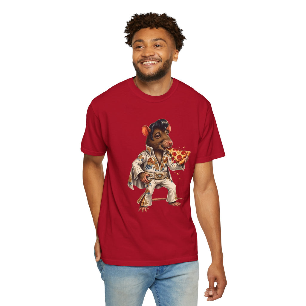Elvis Rat Pizza T‑Shirt — Retro Rockabilly Mouse Eating Pizza Graphic Tee