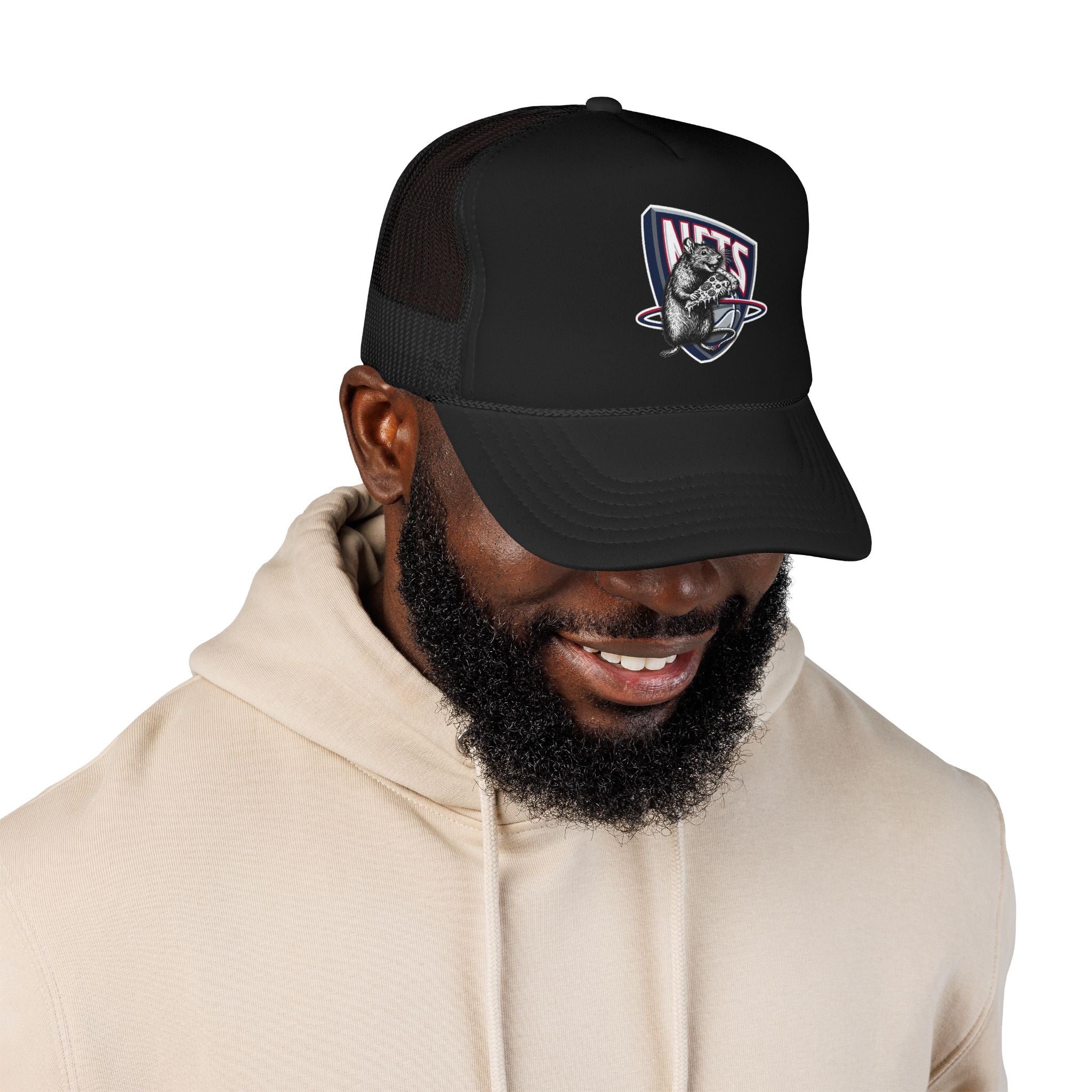 Black Trucker Hat with Retro Raccoon Patch — 'NTS' Vintage Style Foam Cap - Brooklyn Nets