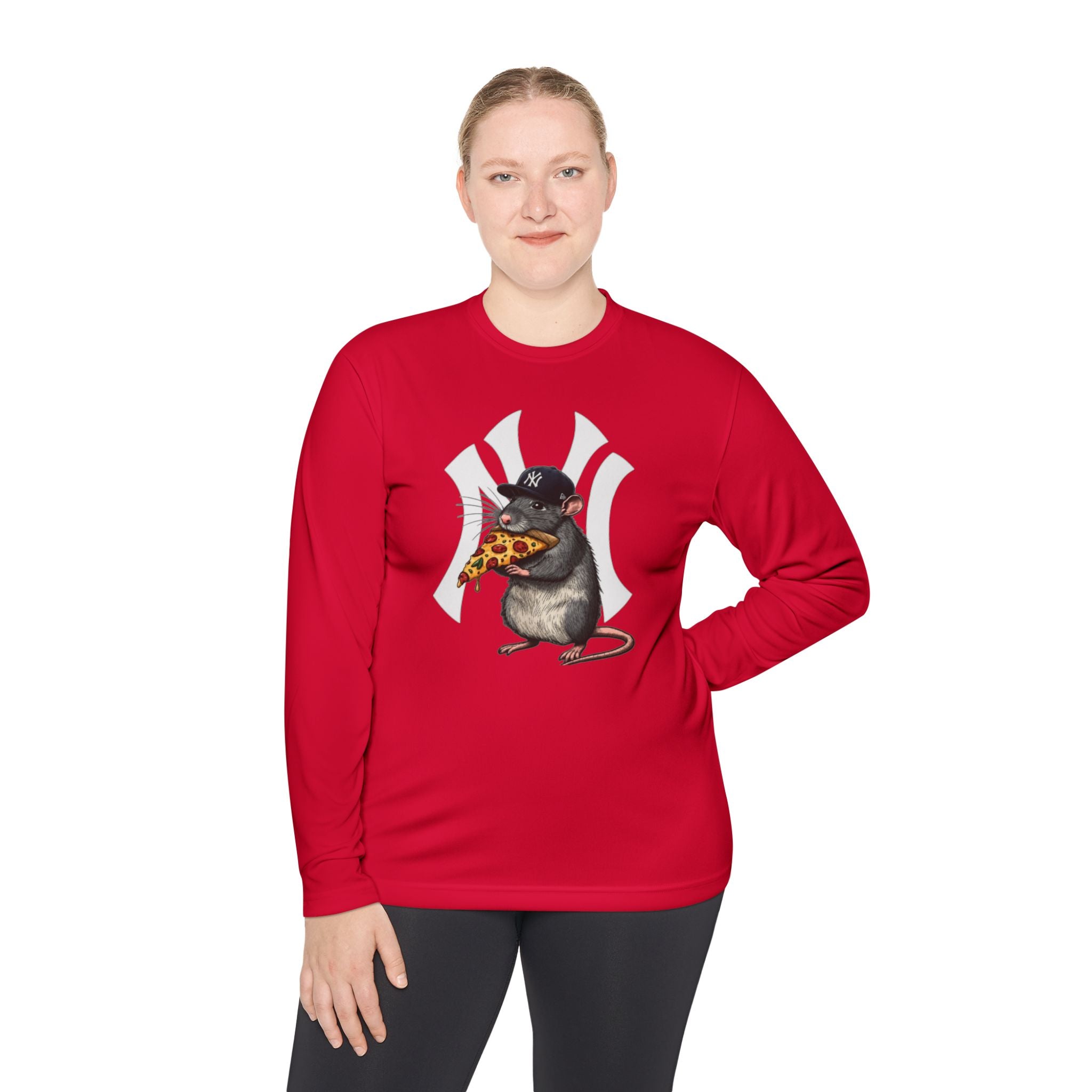 NY Yankee Rat Eating Pizza Long Sleeve Tee — Cute Baseball Logo Mashup