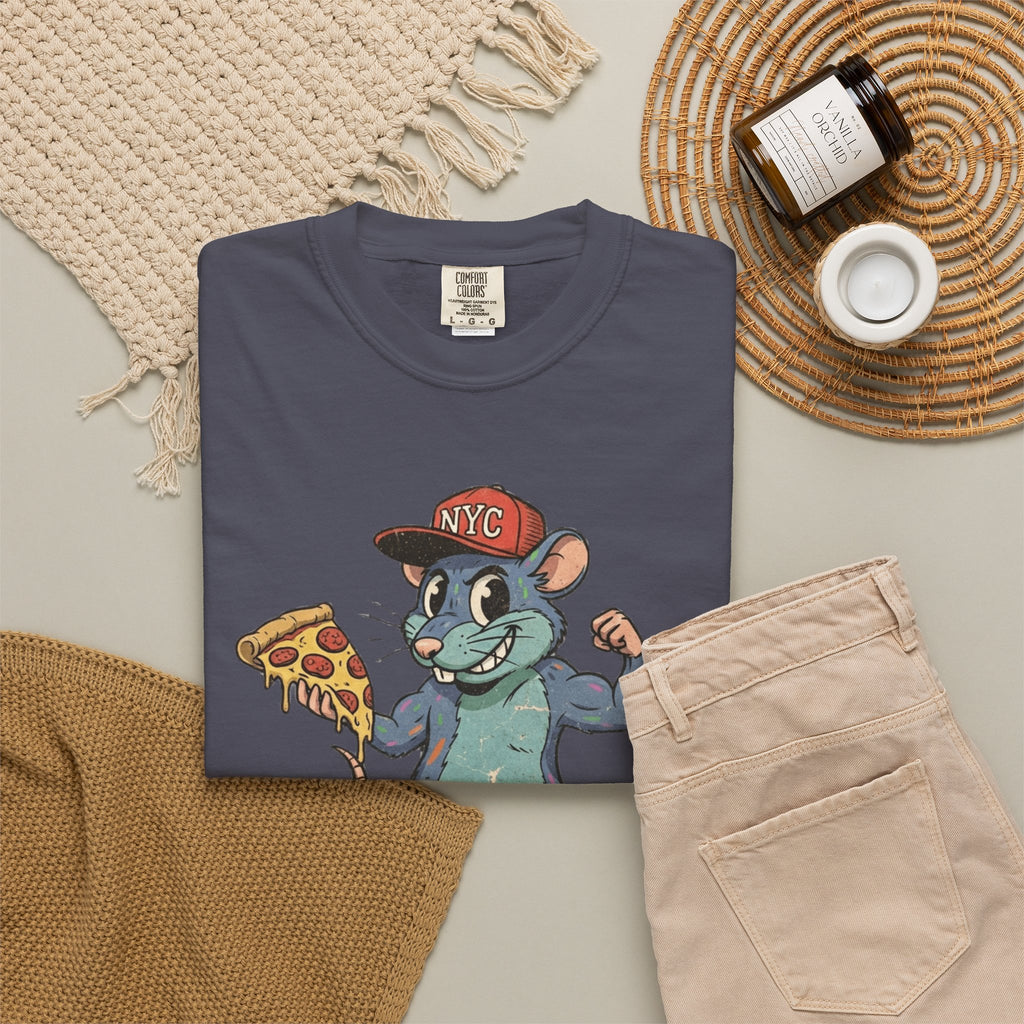 NYC Pizza Rat T-Shirt — Urban Cartoon Rodent Holding Slice Graphic Tee