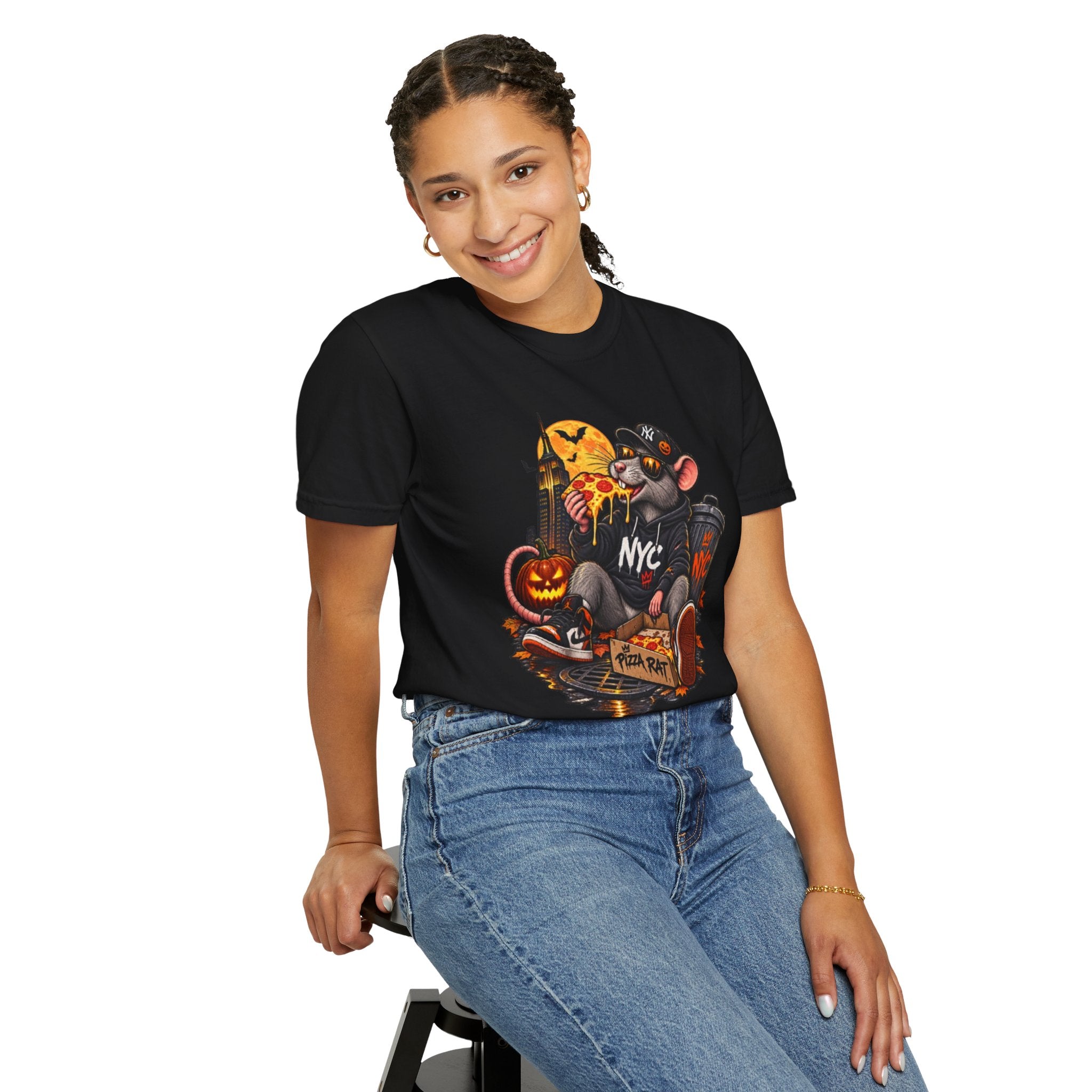 NYC Pizza Rat Halloween T-Shirt — Cute Urban Rat with Pizza & Pumpkins