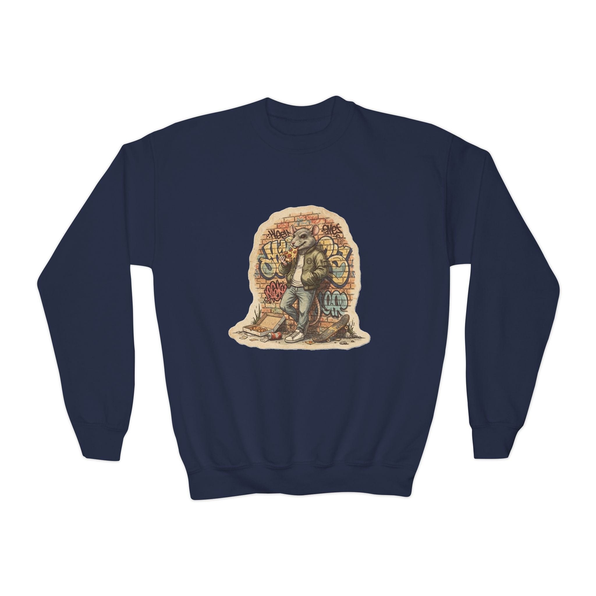 Youth Crewneck Sweatshirt — Vintage Explorer NY Rat Graphic