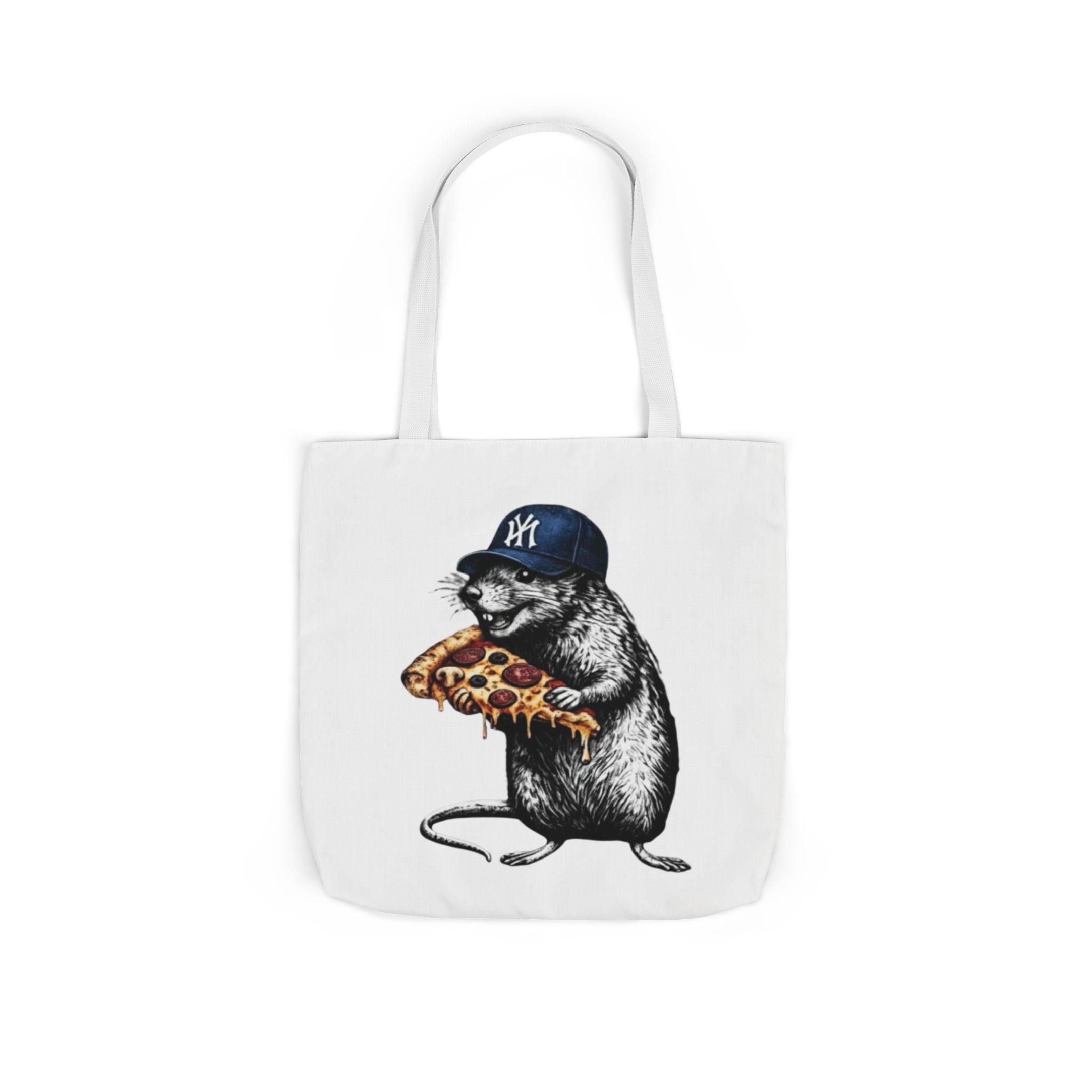 Canvas Tote — Cool Rat Wearing Yankees Cap Eating Pizza Print