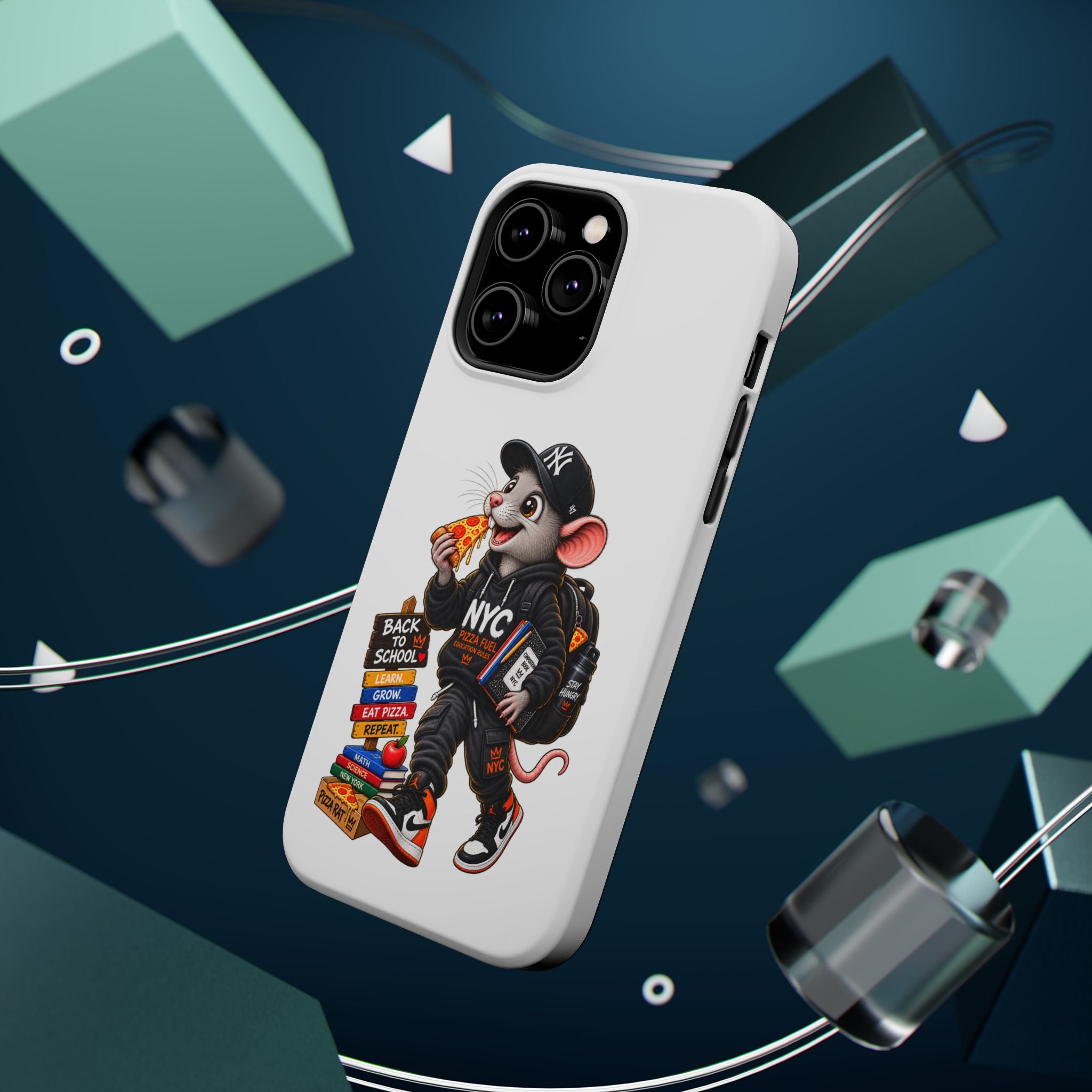 NYC Street Rat Phone Case – Magnetic Impact-Resistant iPhone Case with Back-to-School Pizza Design