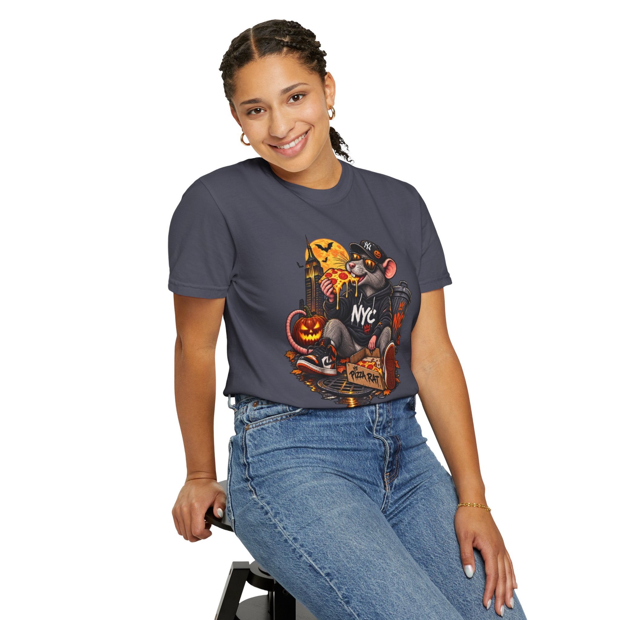 NYC Pizza Rat Halloween T-Shirt — Cute Urban Rat with Pizza & Pumpkins