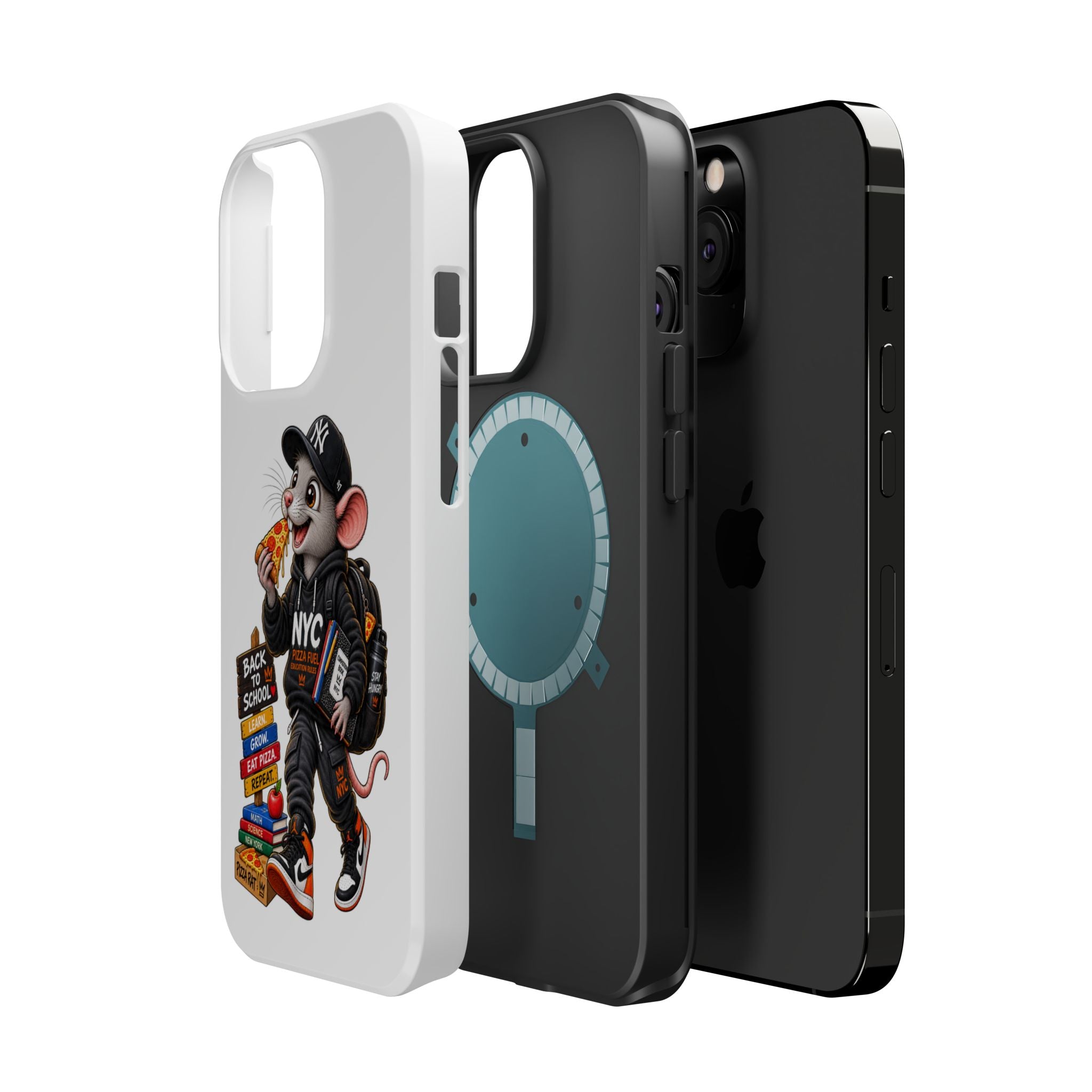 NYC Street Rat Phone Case – Magnetic Impact-Resistant iPhone Case with Back-to-School Pizza Design