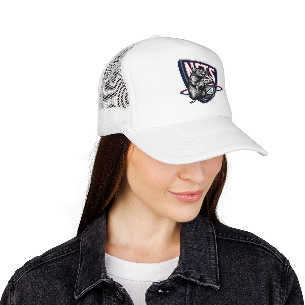 Black Trucker Hat with Retro Raccoon Patch — 'NTS' Vintage Style Foam Cap - Brooklyn Nets