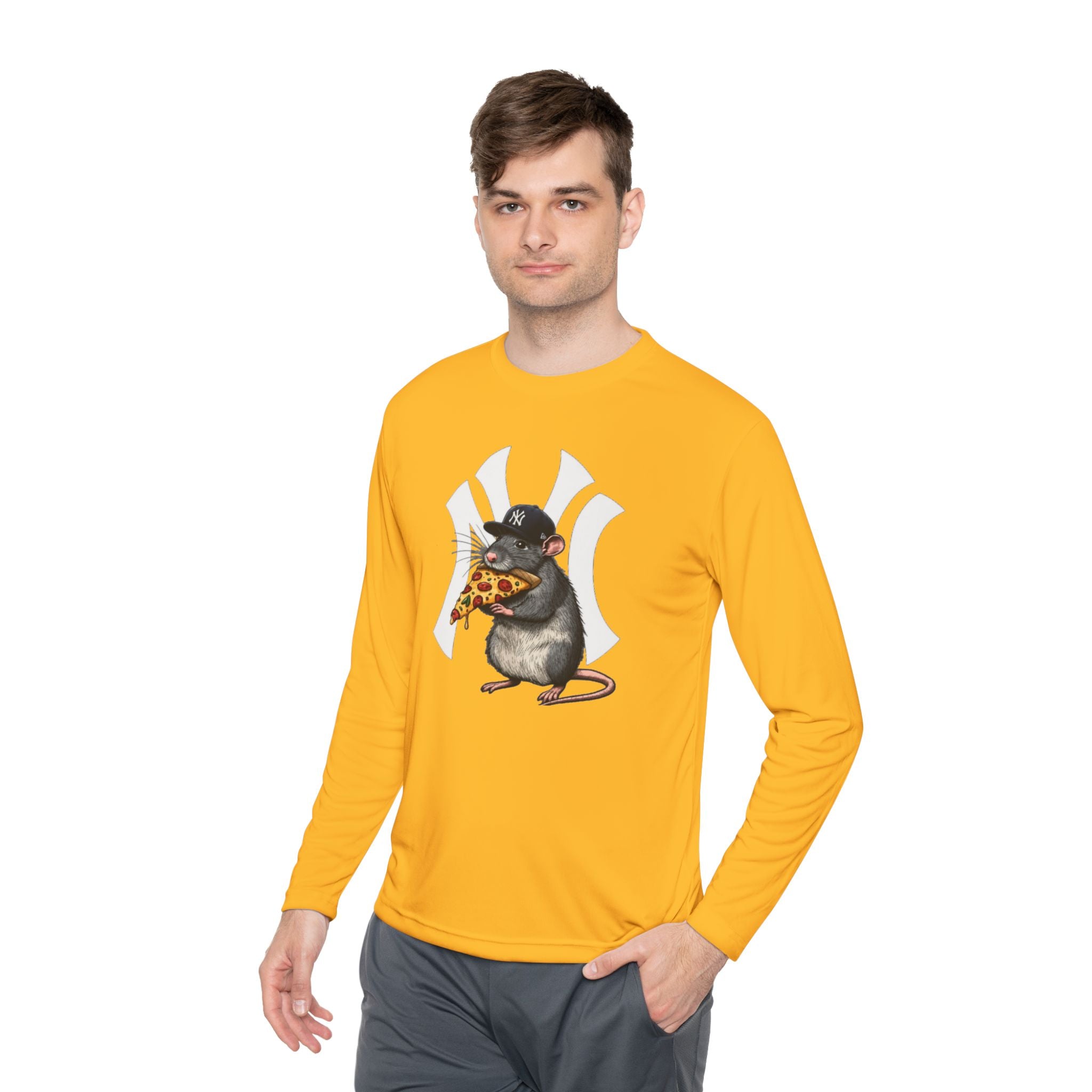 NY Yankee Rat Eating Pizza Long Sleeve Tee — Cute Baseball Logo Mashup