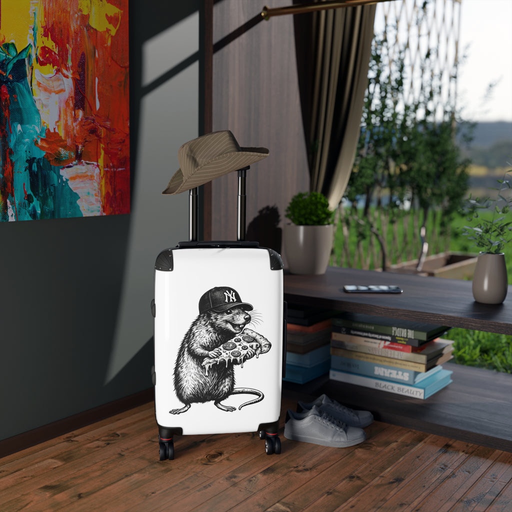 NY Rat Pizza Luggage – Cartoon Rat with Pizza Travel Suitcase