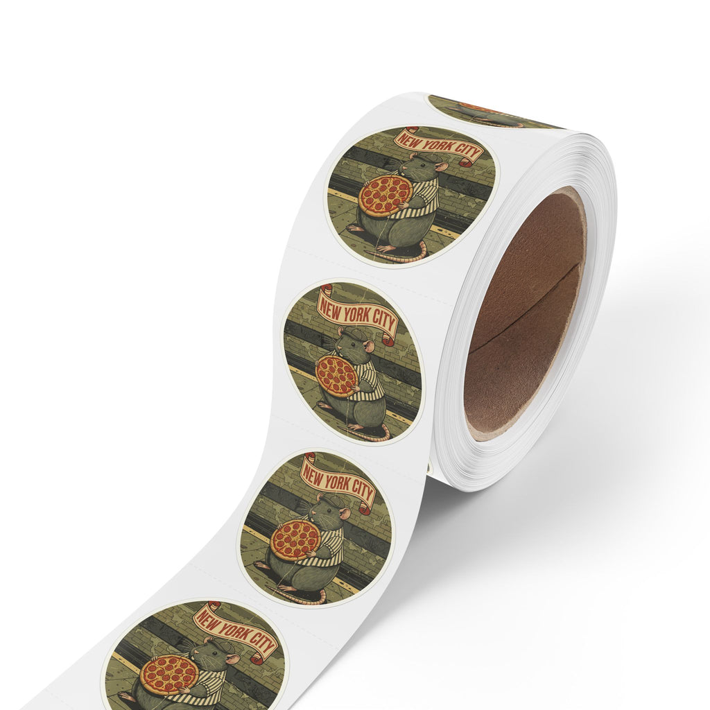 Round Sticker Roll — New York City Pizza Rat Retro Illustration