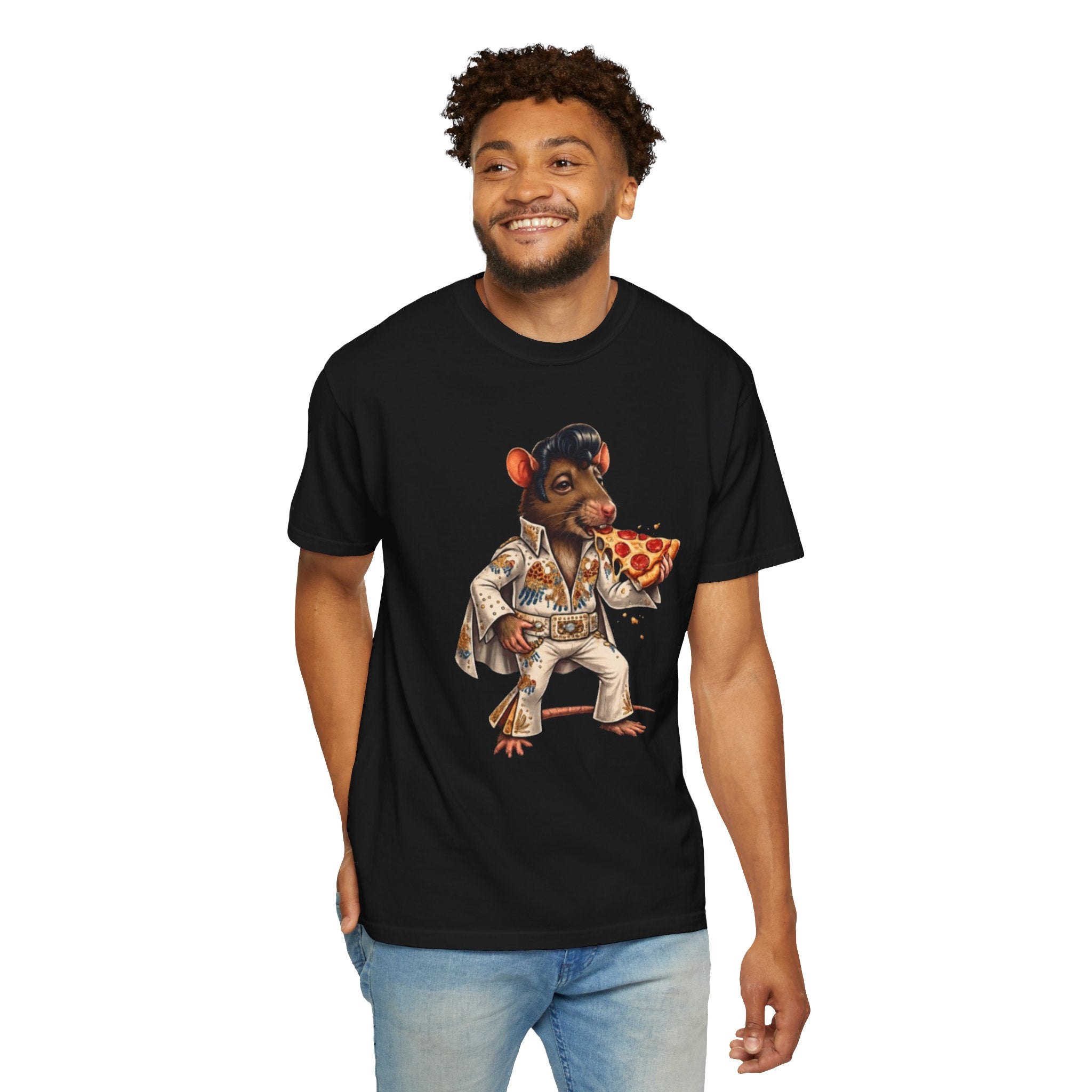 Elvis Rat Pizza T‑Shirt — Retro Rockabilly Mouse Eating Pizza Graphic Tee