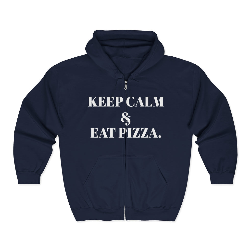 Keep Calm & Eat Pizza Zip Hoodie — Rat with Pizza Graphic Zip-Up Sweatshirt