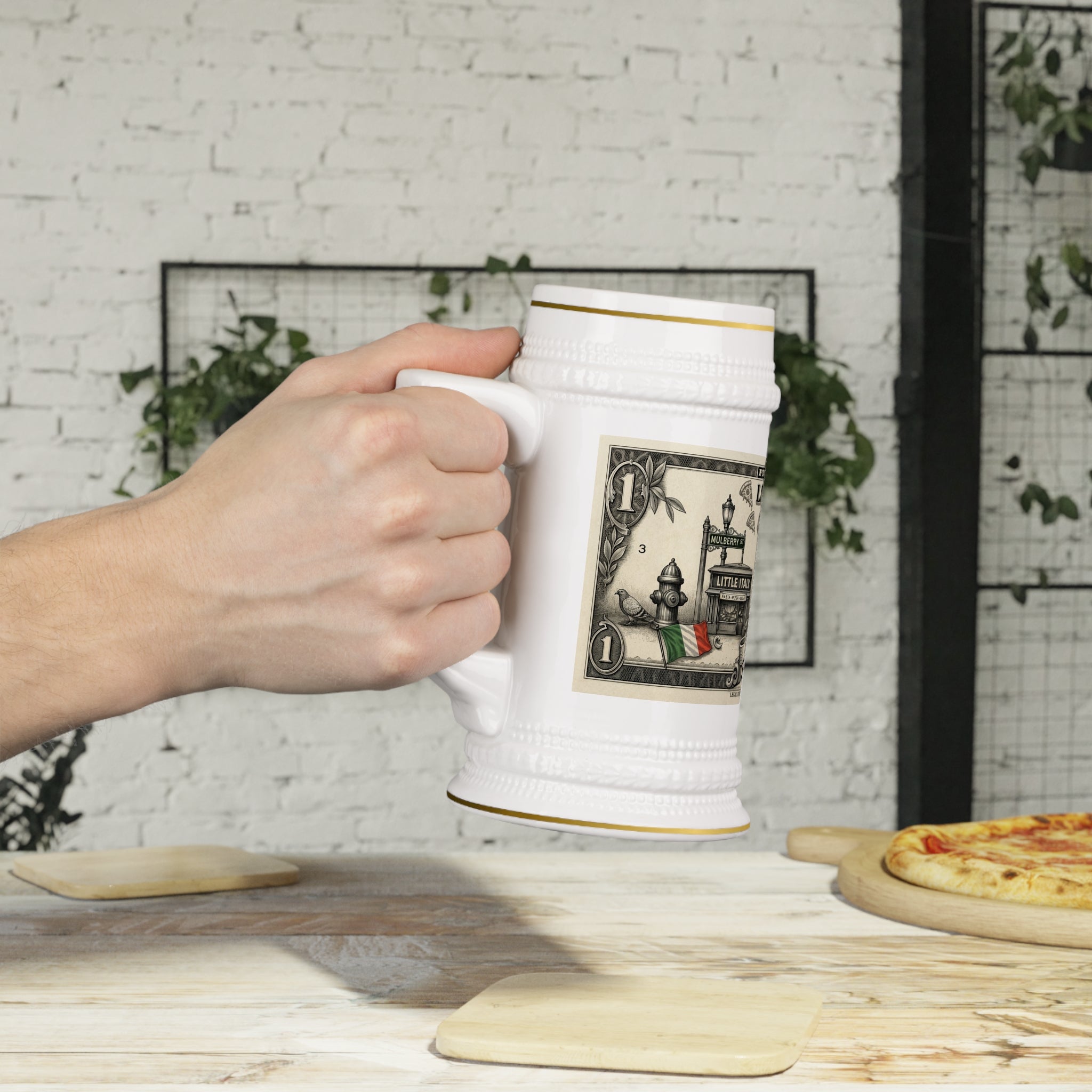 Little Italy Beer Stein Mug — "In Pizza We Trust" Novelty Ceramic Stein
