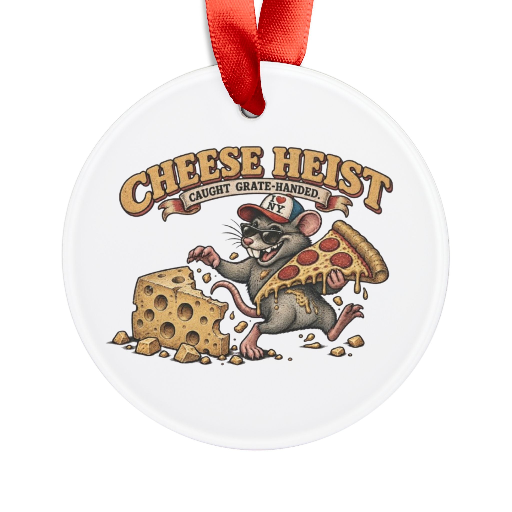 Cheese Heist Acrylic Ornament — Funny Mouse Pizza & Swiss Cheese Holiday Decoration