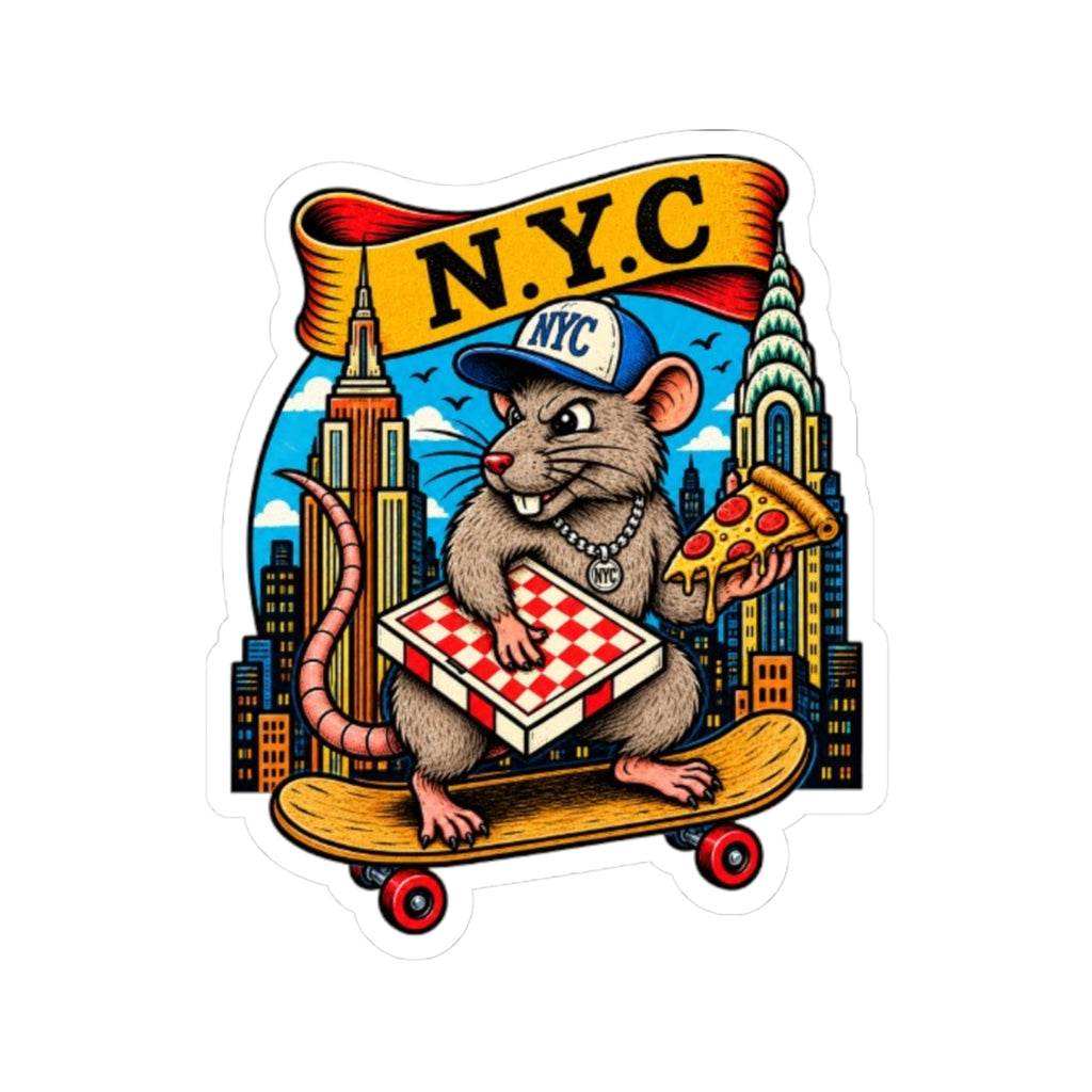 NYC Pizza Rat Sticker — Skateboard Skateboarder Cityscape Kiss-Cut Sticker