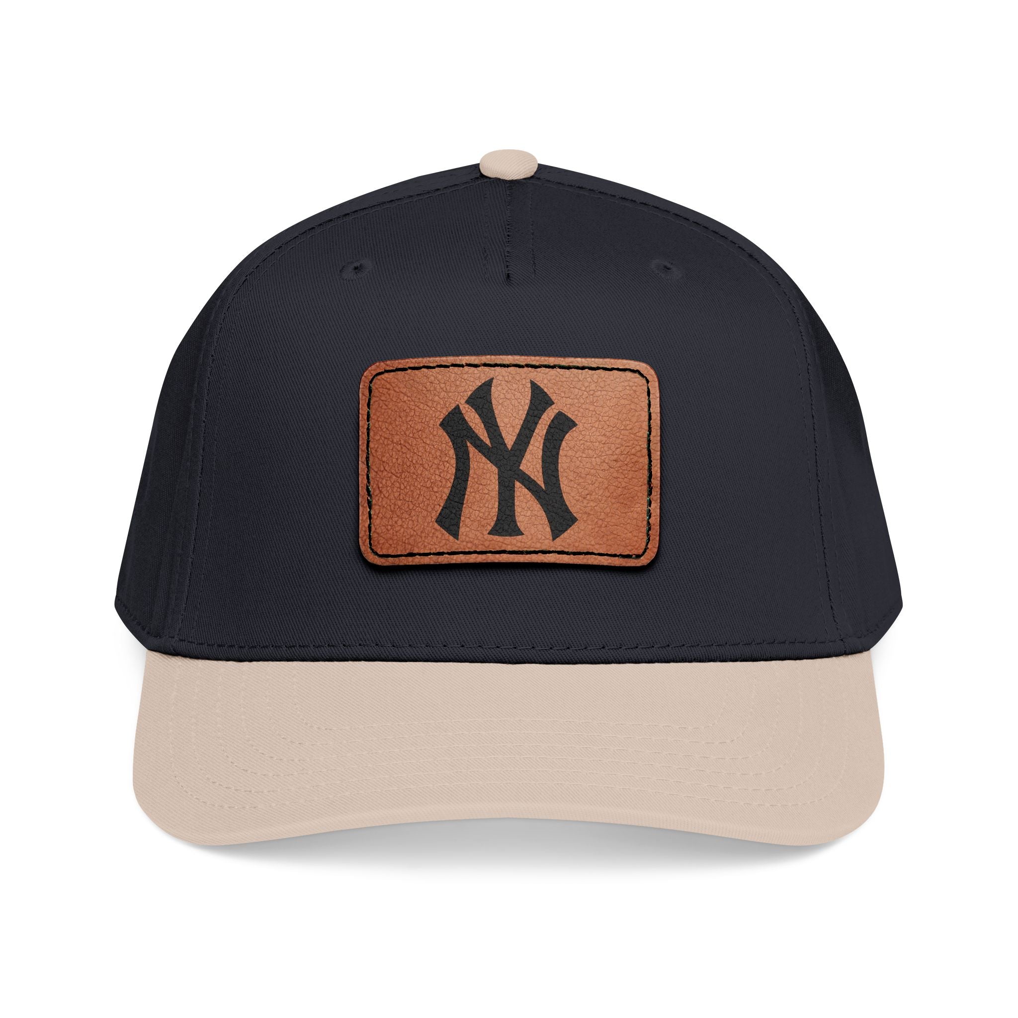 NY Leather Patch Baseball Cap — Vintage Leather Rectangle Patch on Mid-Profile Cap
