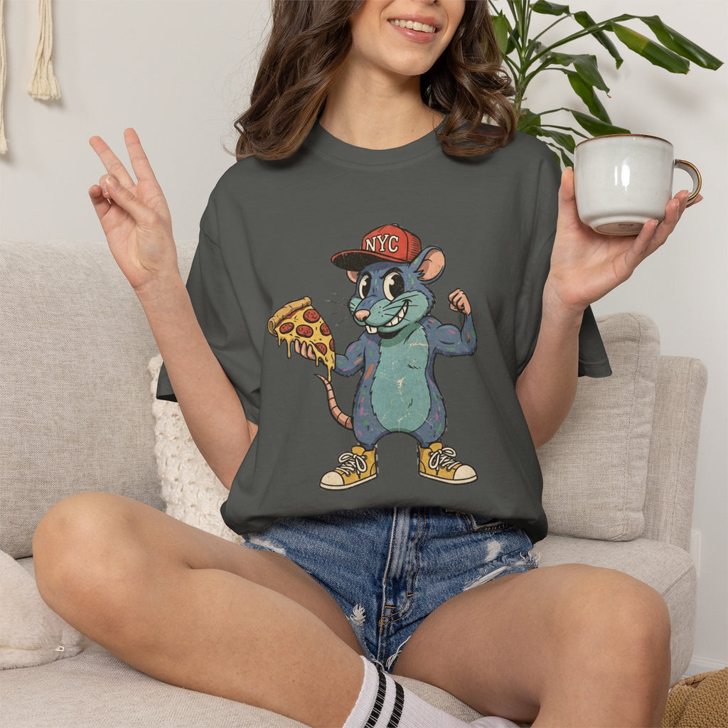 NYC Pizza Rat T-Shirt — Urban Cartoon Rodent Holding Slice Graphic Tee