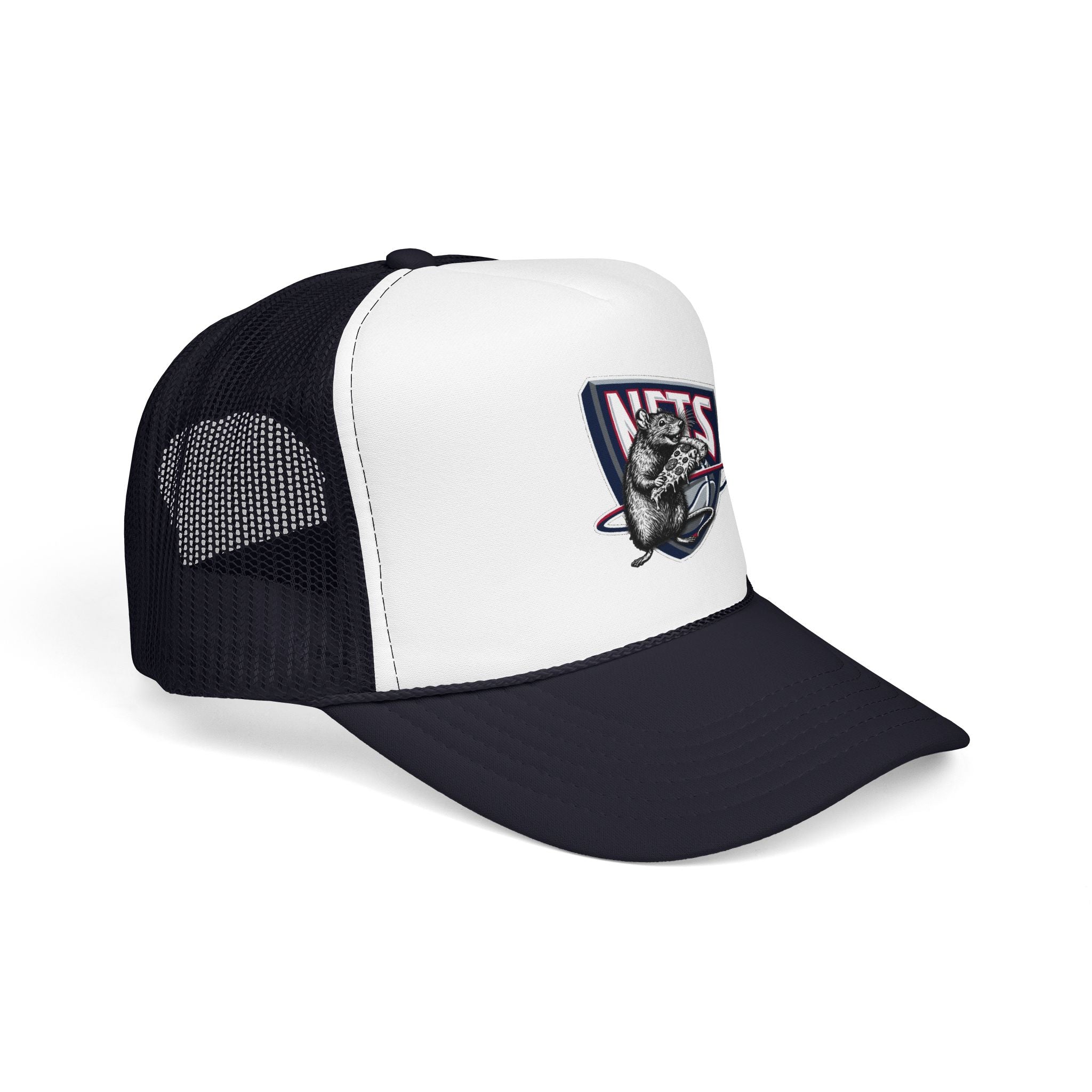 Black Trucker Hat with Retro Raccoon Patch — 'NTS' Vintage Style Foam Cap - Brooklyn Nets