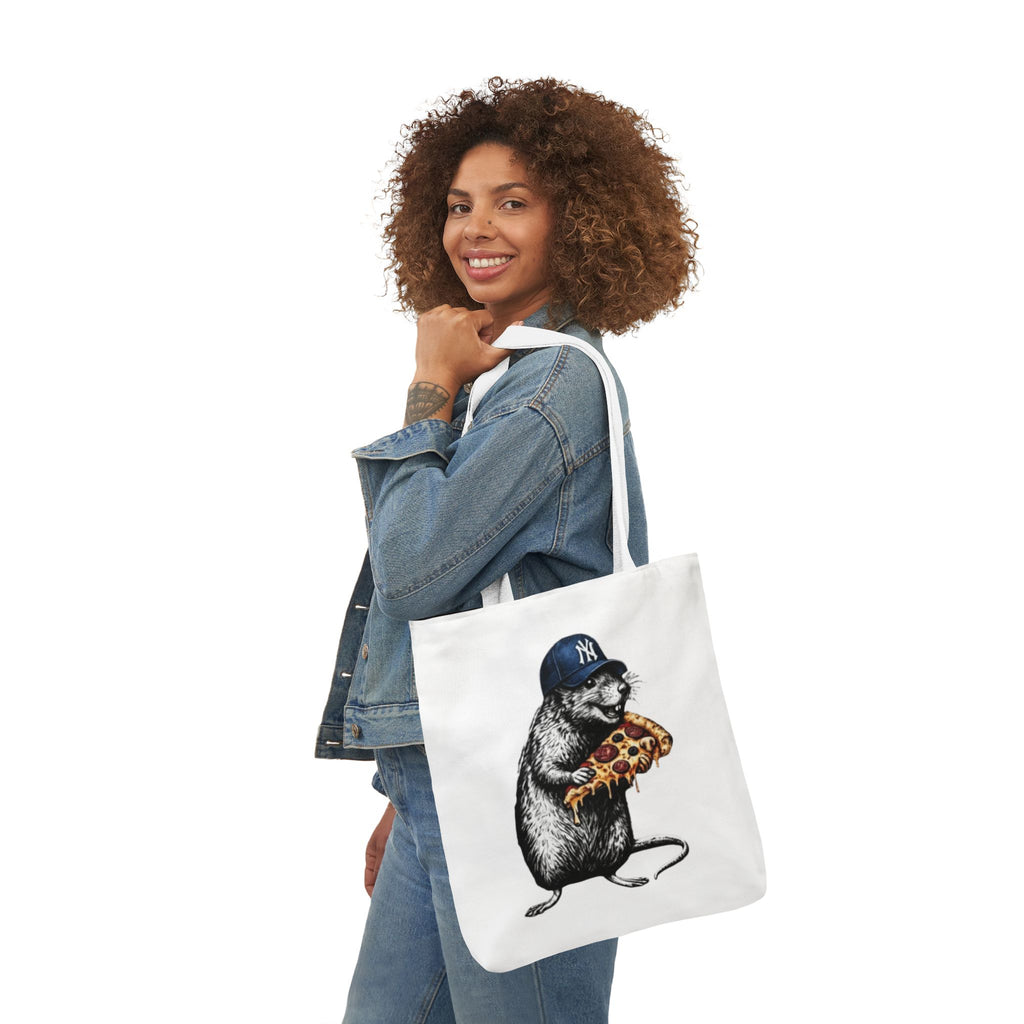 Canvas Tote — Cool Rat Wearing Yankees Cap Eating Pizza Print