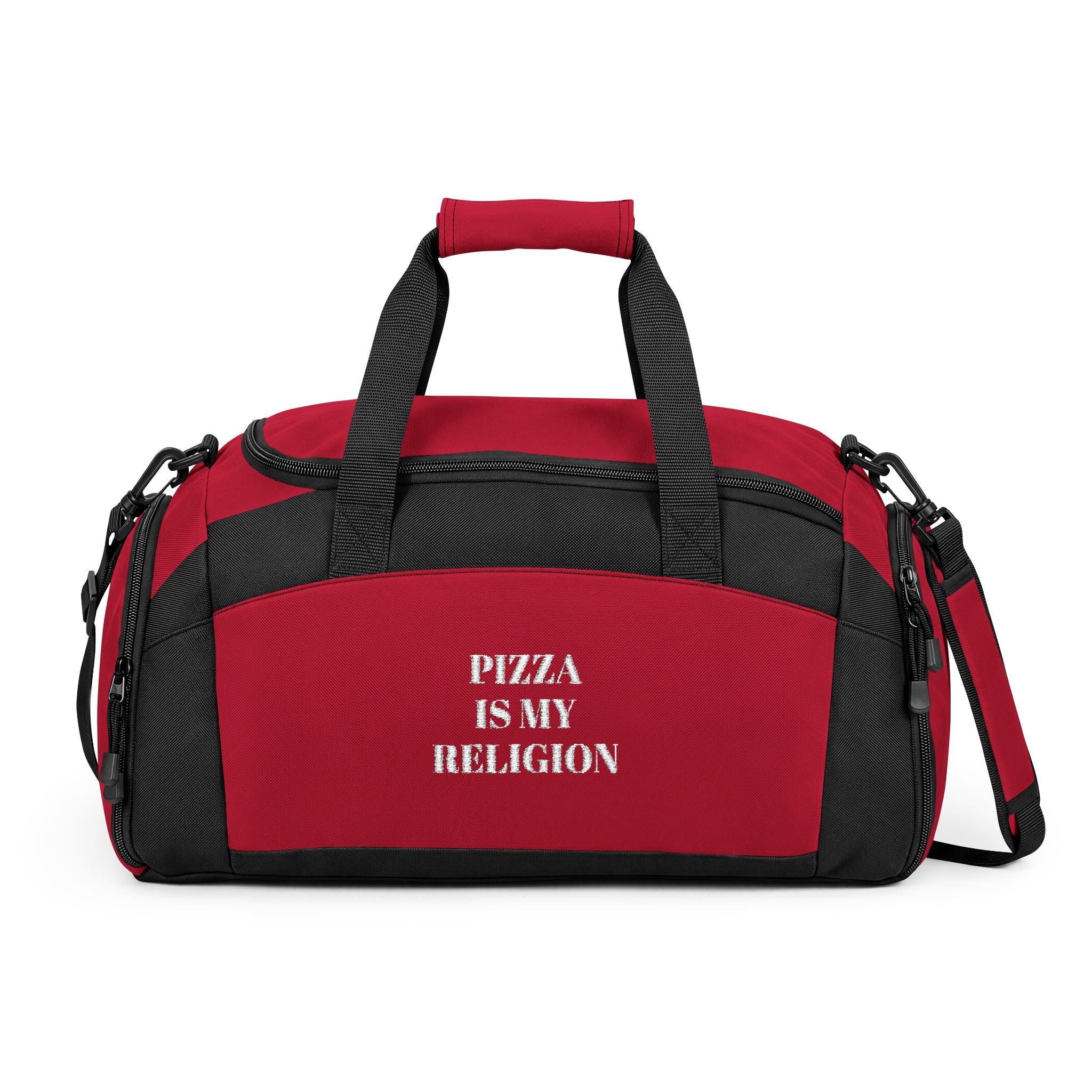 Pizza Is My Religion Gym Bag — Funny Foodie Duffle for Fitness & Travel