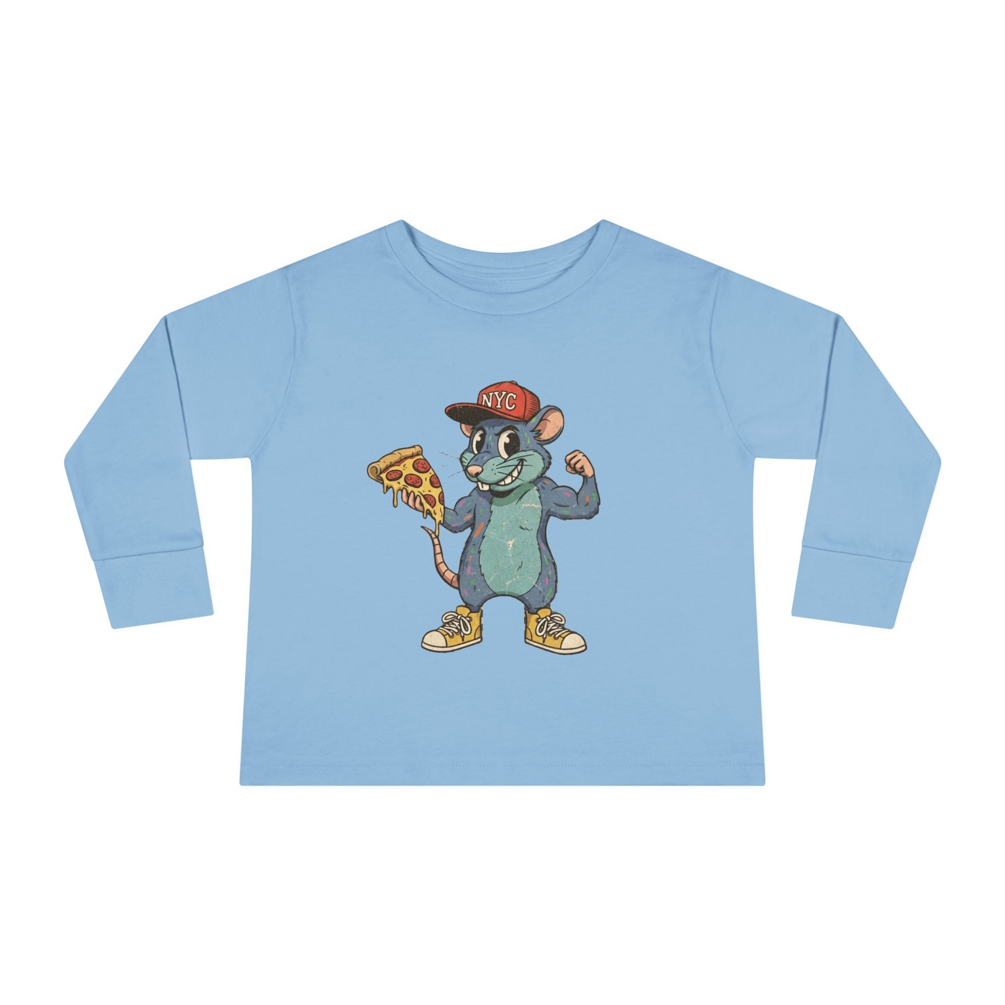 Toddler Long Sleeve Tee — Fun Pizza-Loving Cartoon Rat Graphic