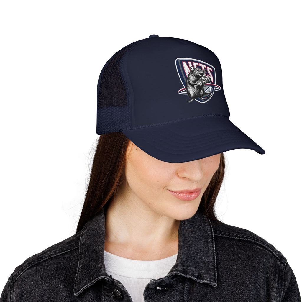 Black Trucker Hat with Retro Raccoon Patch — 'NTS' Vintage Style Foam Cap - Brooklyn Nets