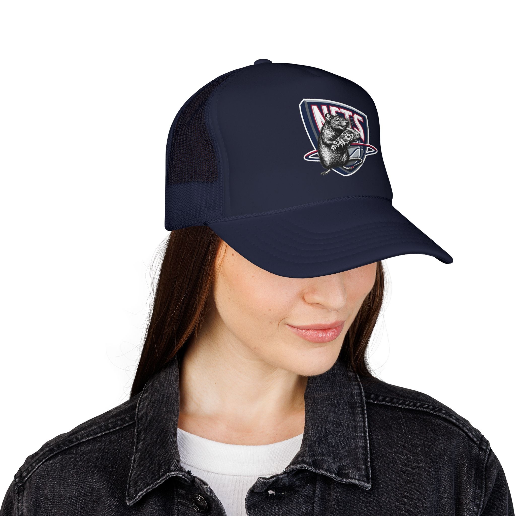 Black Trucker Hat with Retro Raccoon Patch — 'NTS' Vintage Style Foam Cap - Brooklyn Nets