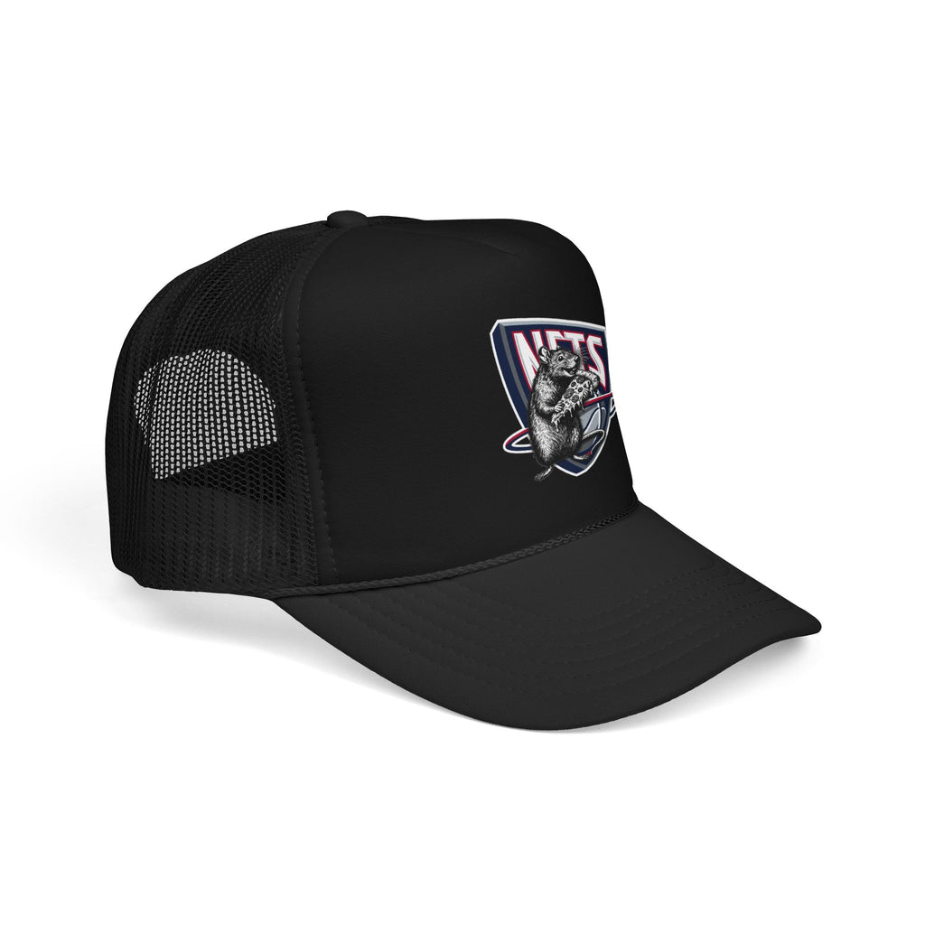 Black Trucker Hat with Retro Raccoon Patch — 'NTS' Vintage Style Foam Cap - Brooklyn Nets