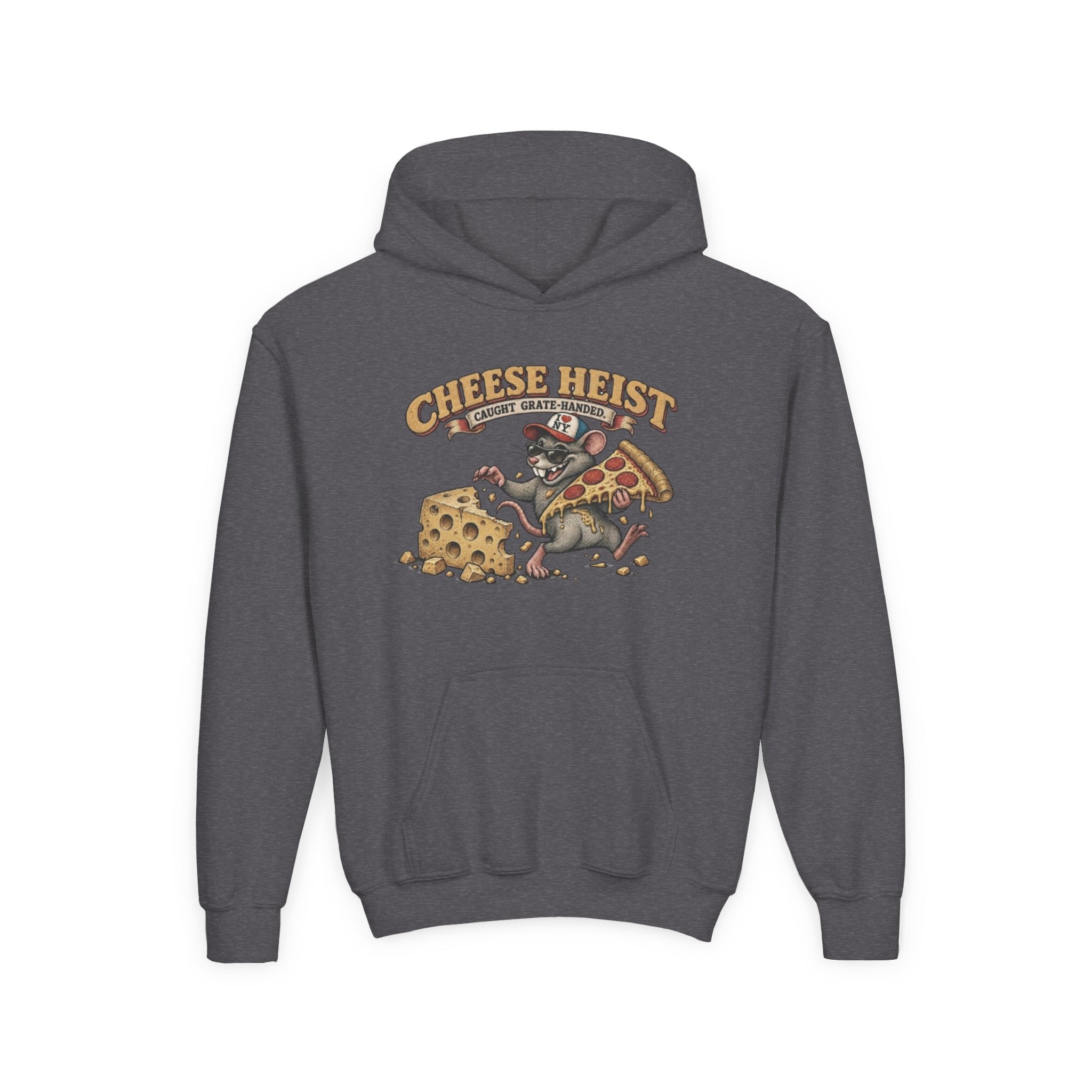 Youth Hoodie - "Cheese Heist" Cartoon Mouse & Pizza Graphic